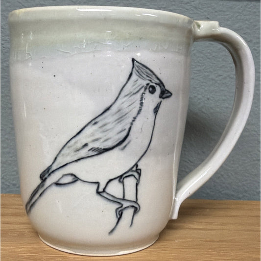 Vtg Studio Art Pottery Mug Drawn Tufted Titmouse Bird Glazed Stoneware Signed
