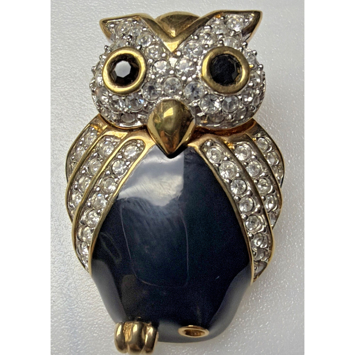 Vtg Swarovski SAL Pave Crystal Black Cabochon Enamel Owl Brooch Bird Pin As Is