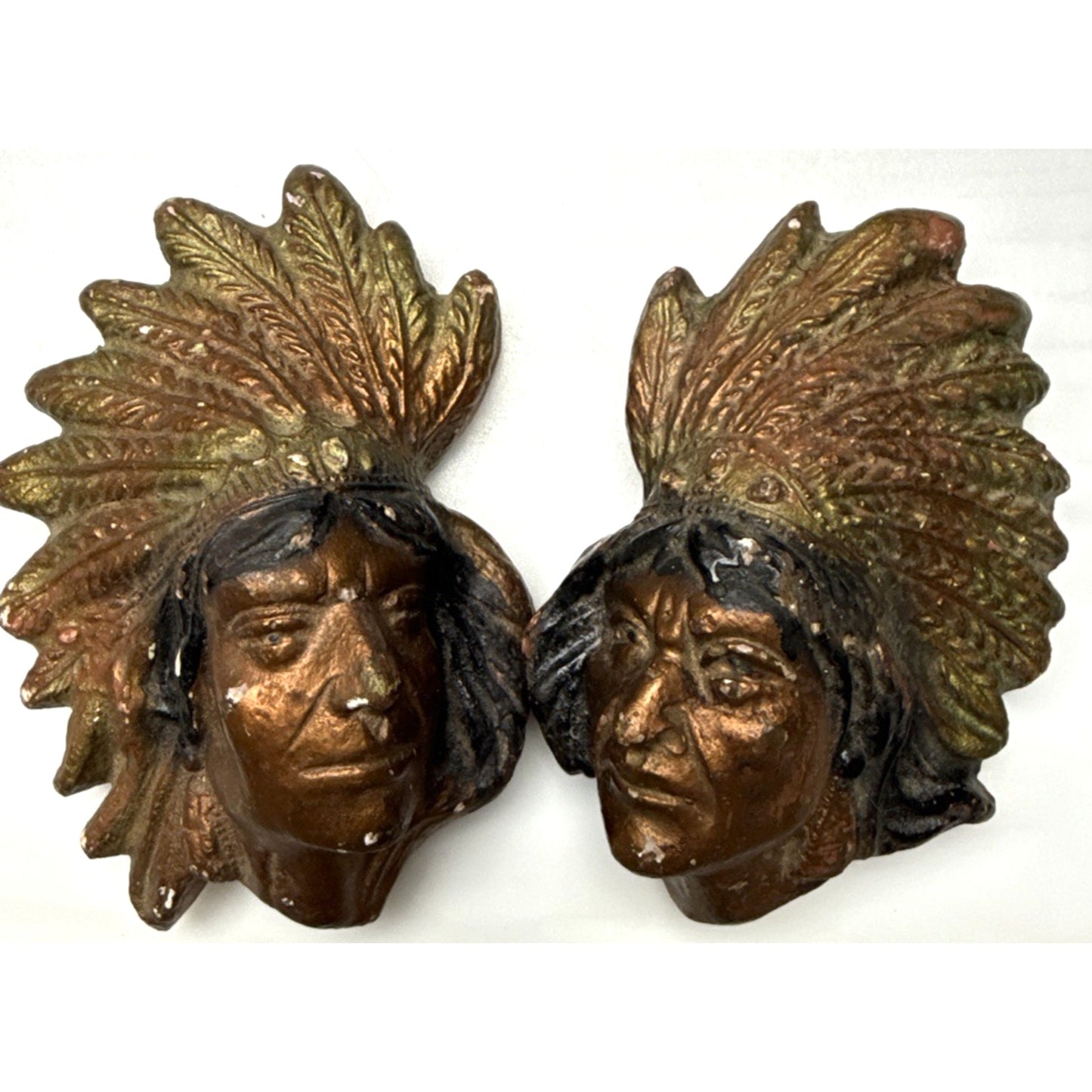 Lot of 2 Native American Indian Chief Head Chalkware Wall Hanging Plaques As Is