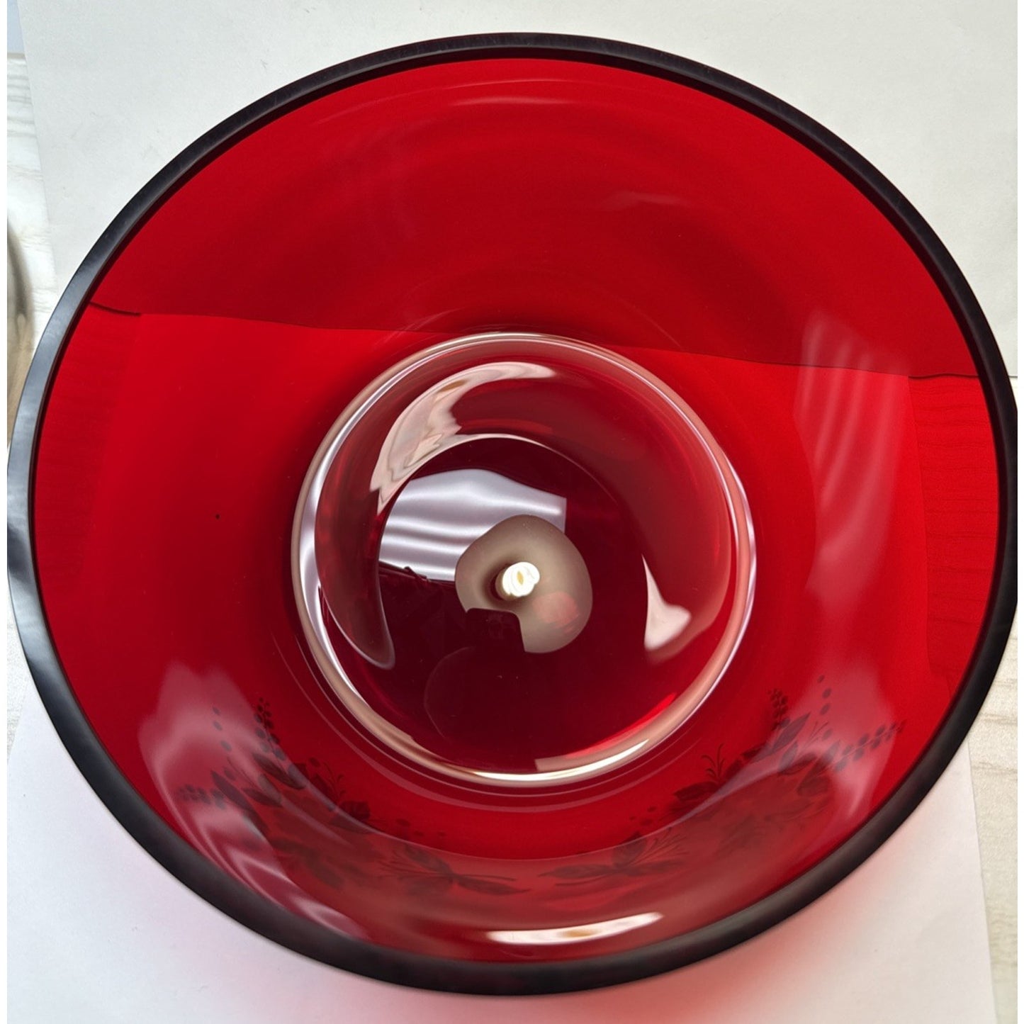 Vintage Czech Bohemian Ruby Red Crystal Hand Painted Enamel Bowl Flowers Gold