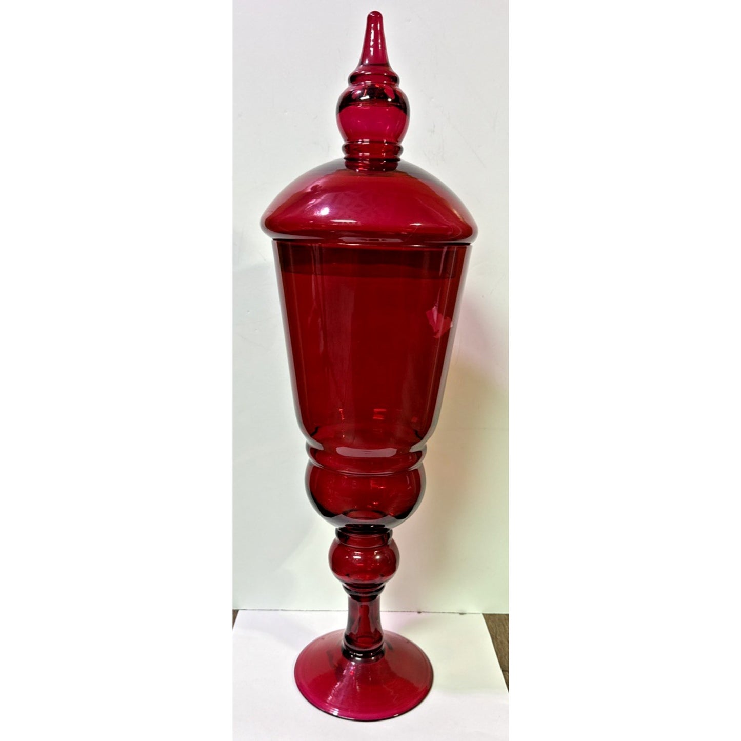 Modern Ruby Red Stained Apothecary Jar Tall Lid Footed Pedestal Canister As-Is