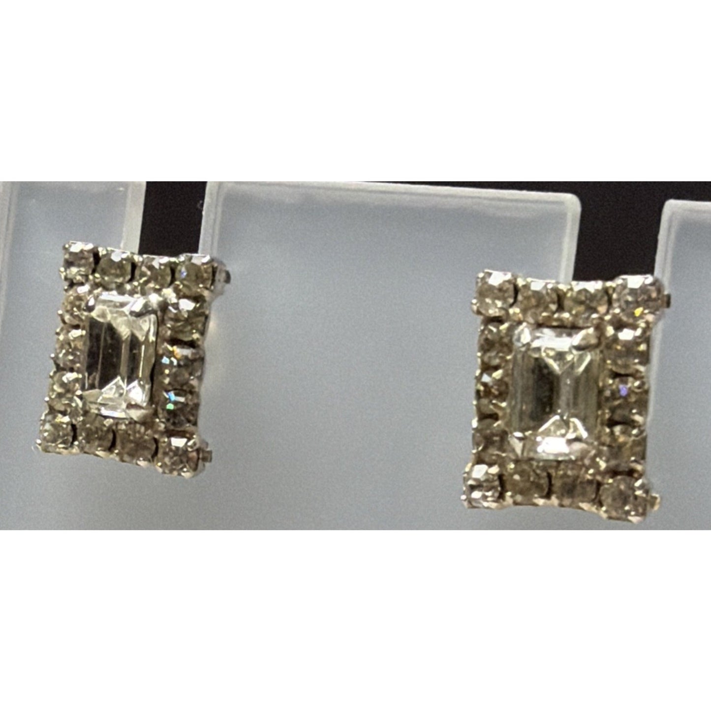 Vintage Emerald Cut Baguette Rhinestone Halo Cluster Pierced Earrings Prong Stud