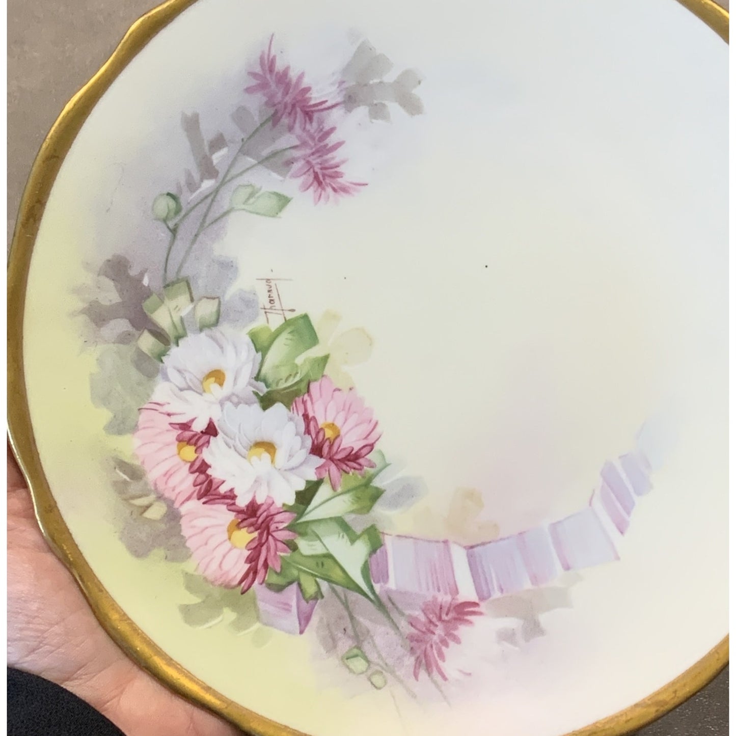 Old GD & Cie Avenir Limoges Hand Painted Plate Floral Gold Rim Signed Tharaud