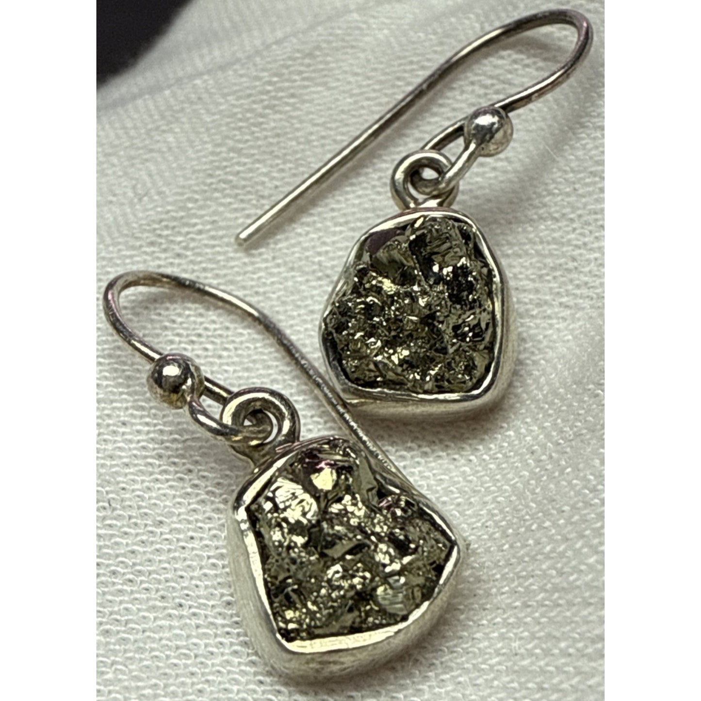 Vintage NC 925 Sterling Silver Rough Pyrite Druzy Bezel Dangle Earrings