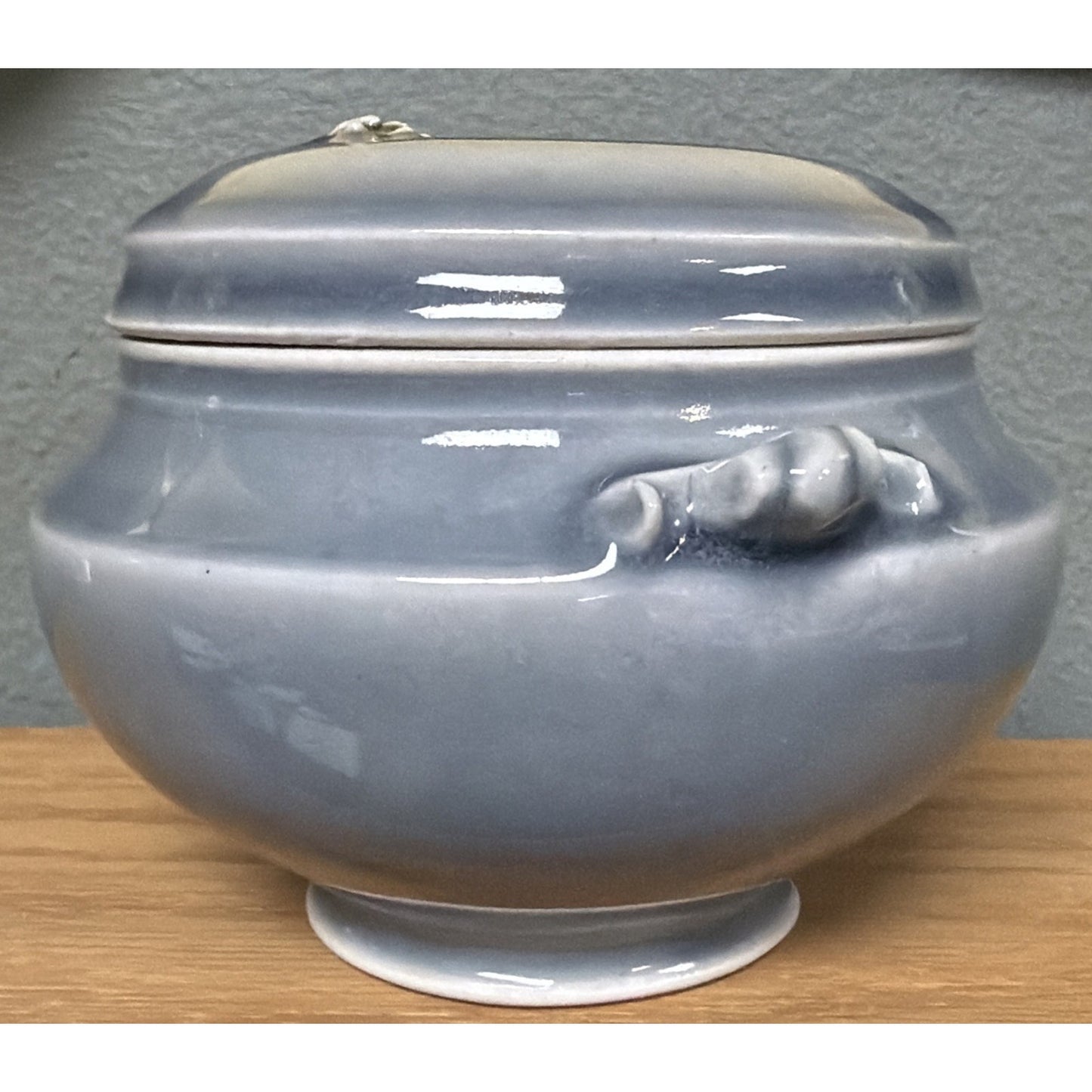 Vtg Celadon Tea Caddy Ginger Jar Embossed Chrysanthemum Blue Gray Handles Signed