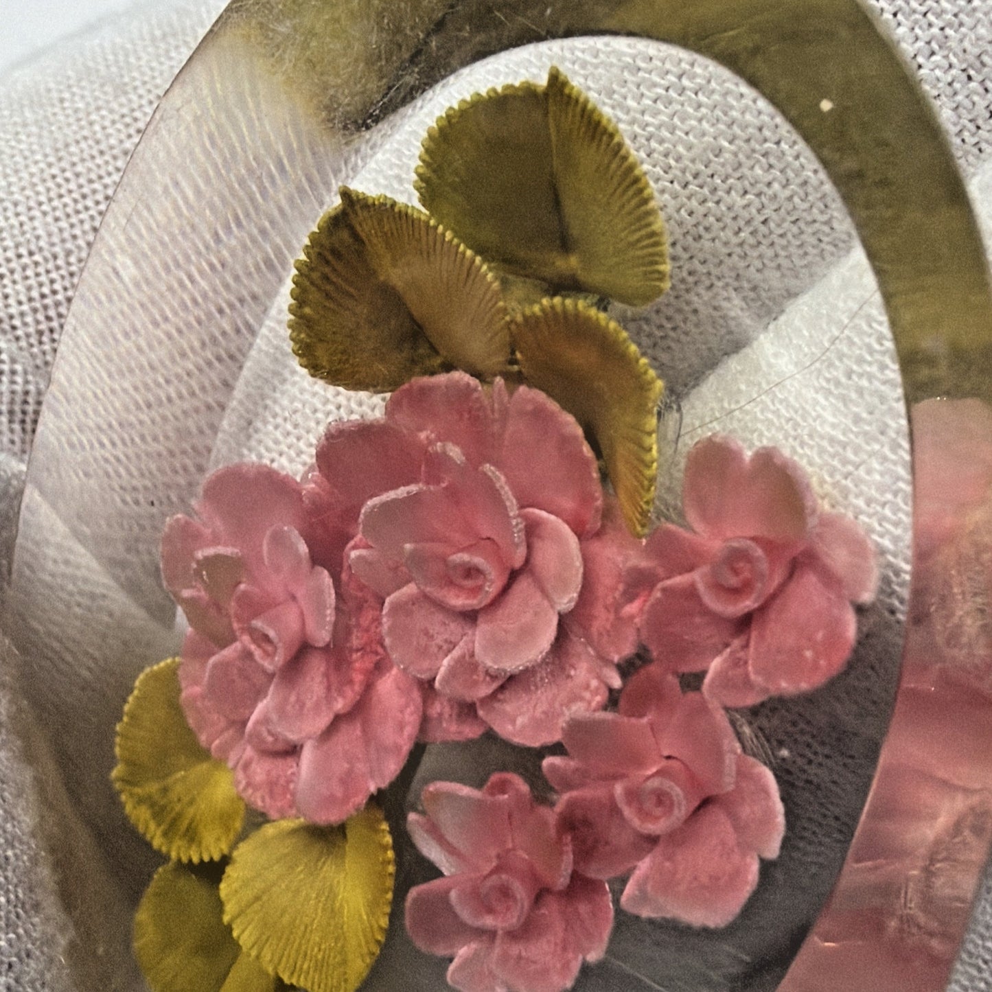Vintage Clear Lucite Pin Brooch Rose Flower Bud Floral Pink Green Leaves