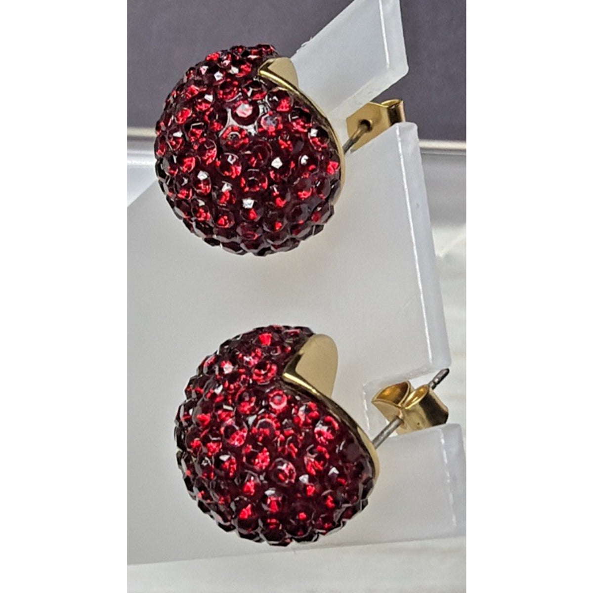 J Crew Pave Crystal Ruby Red Rhinestone Ball Stud Chunky Dome Earrings Gold Tone