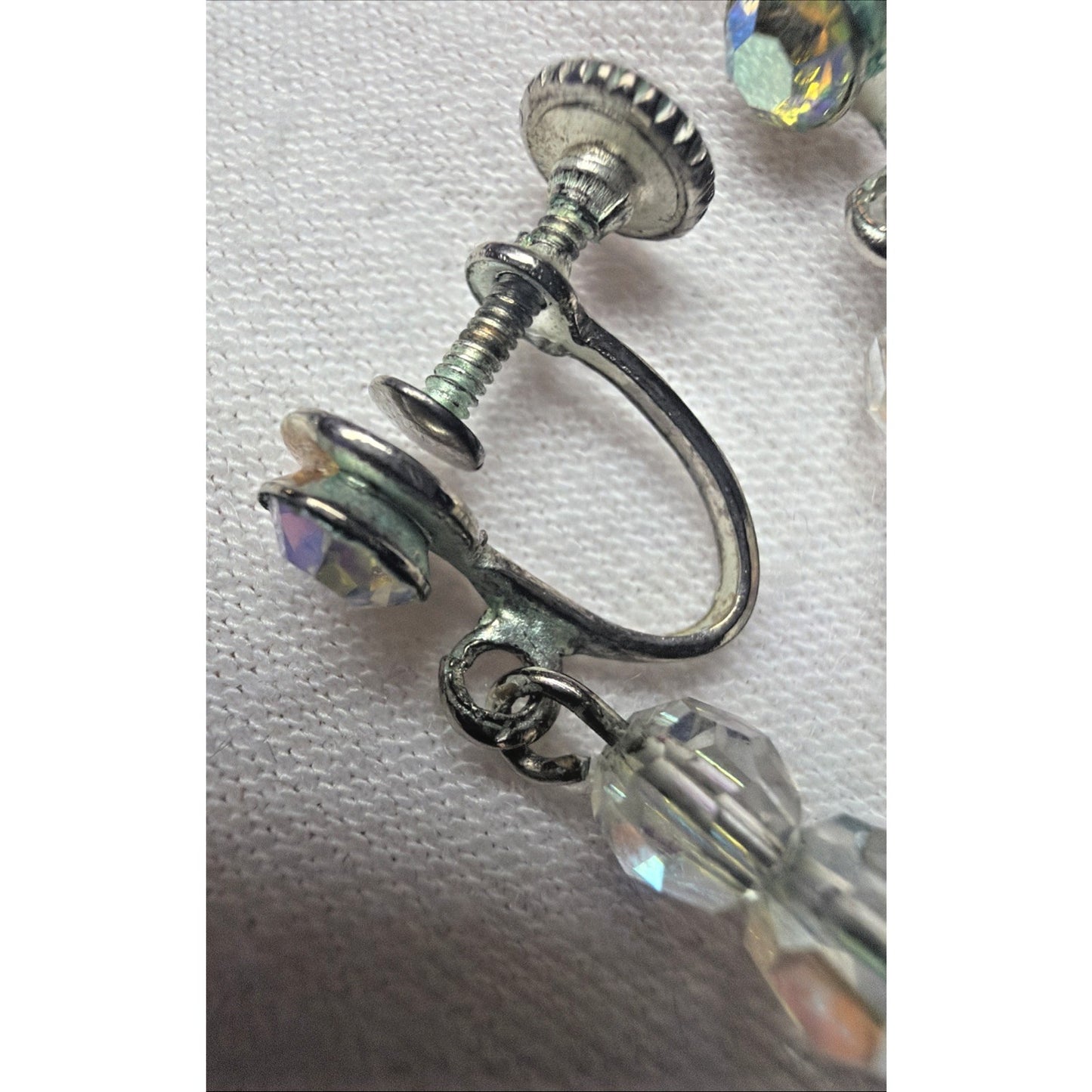 Vintage Clear Aurora Borealis AB Crystal Bead Dangle Screw Back Earrings