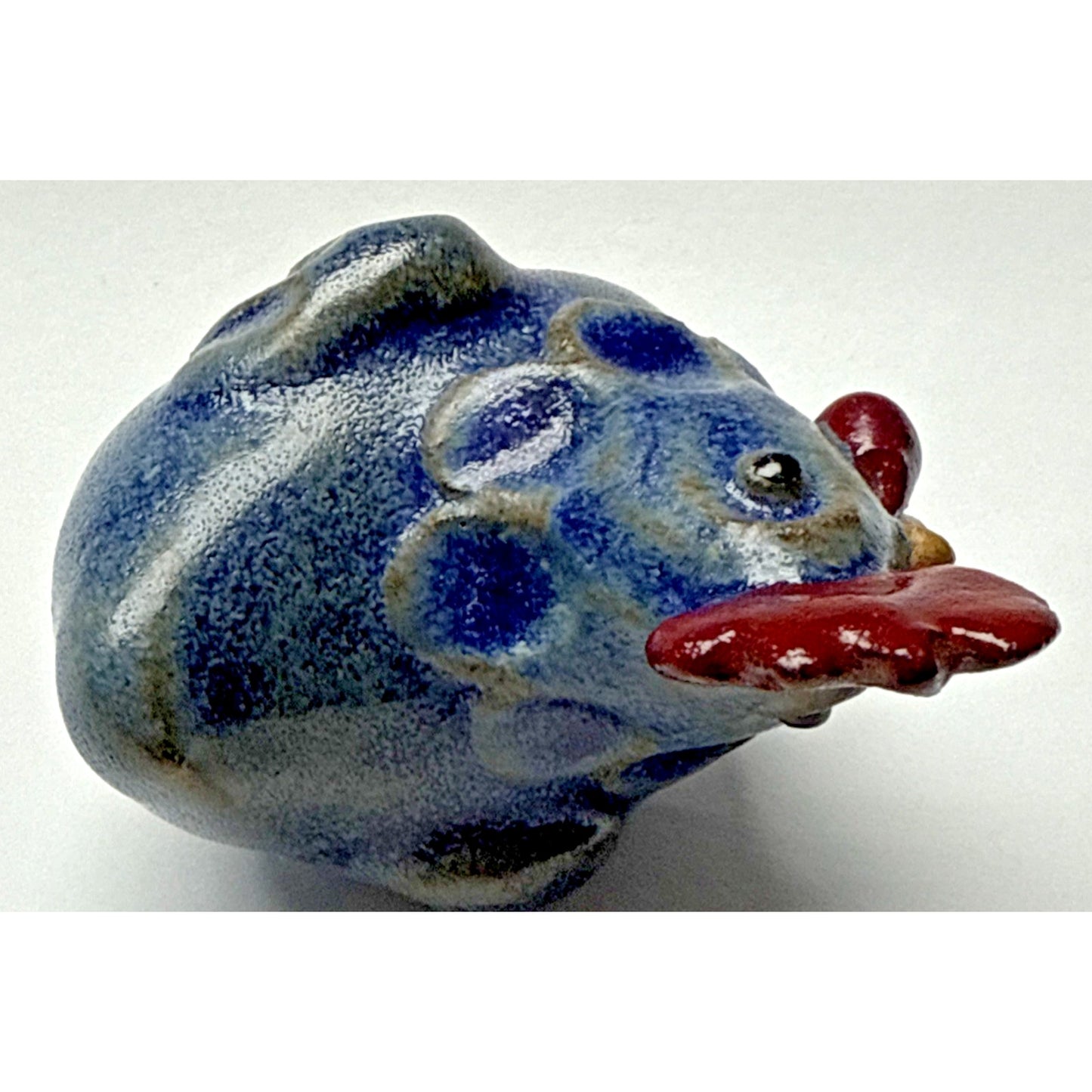 Vintage Folk Art Stoneware Hen Rooster Chicken Figurine Blue Red Glazed