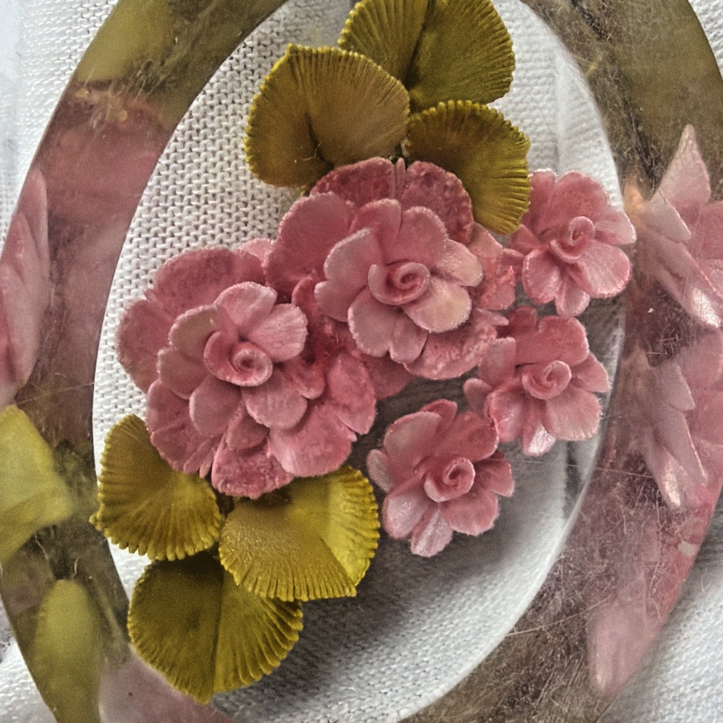 Vintage Clear Lucite Pin Brooch Rose Flower Bud Floral Pink Green Leaves