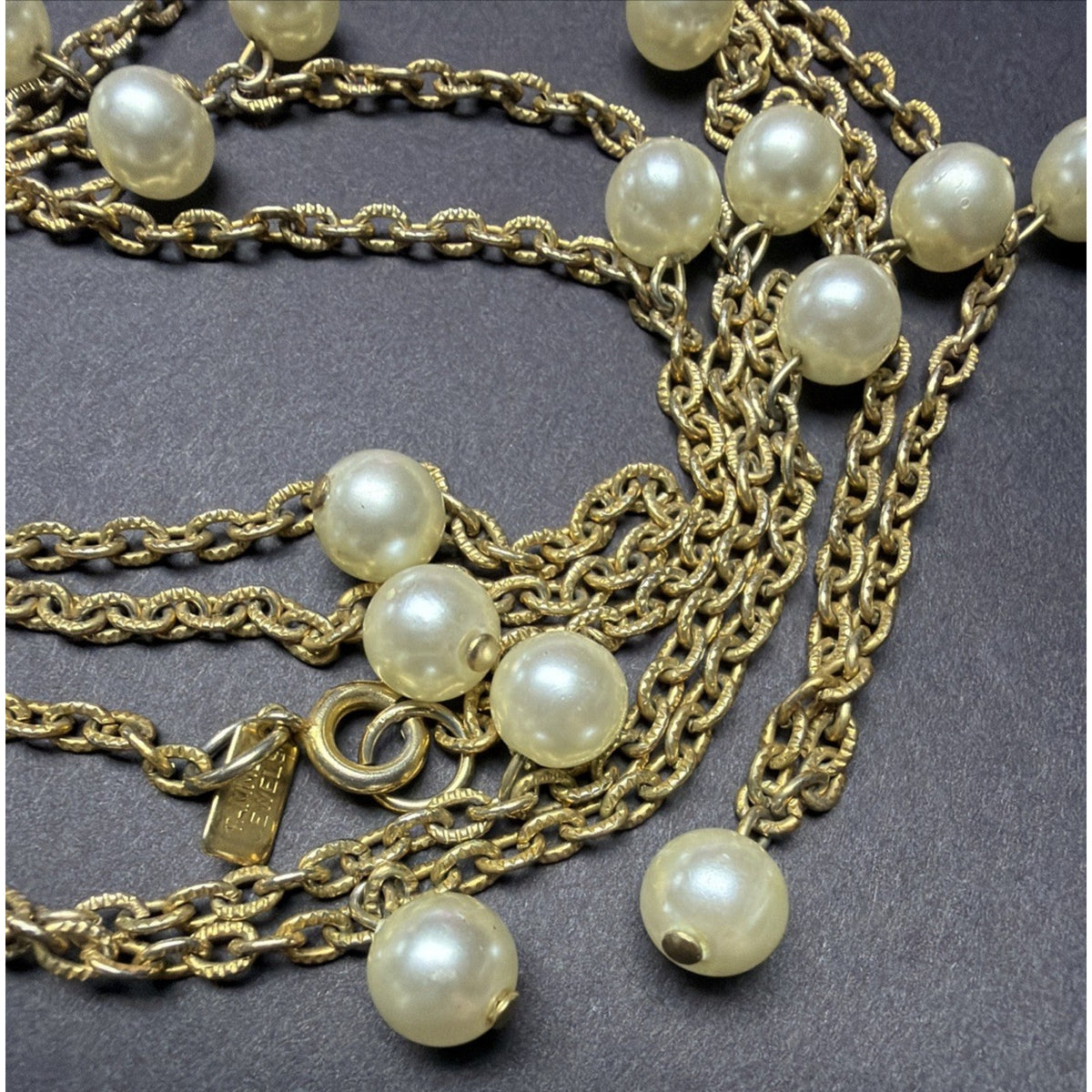 Vintage Tammey Jewels Faux Pearl Drop Necklace Gold Tone Metal Signed Oval Link
