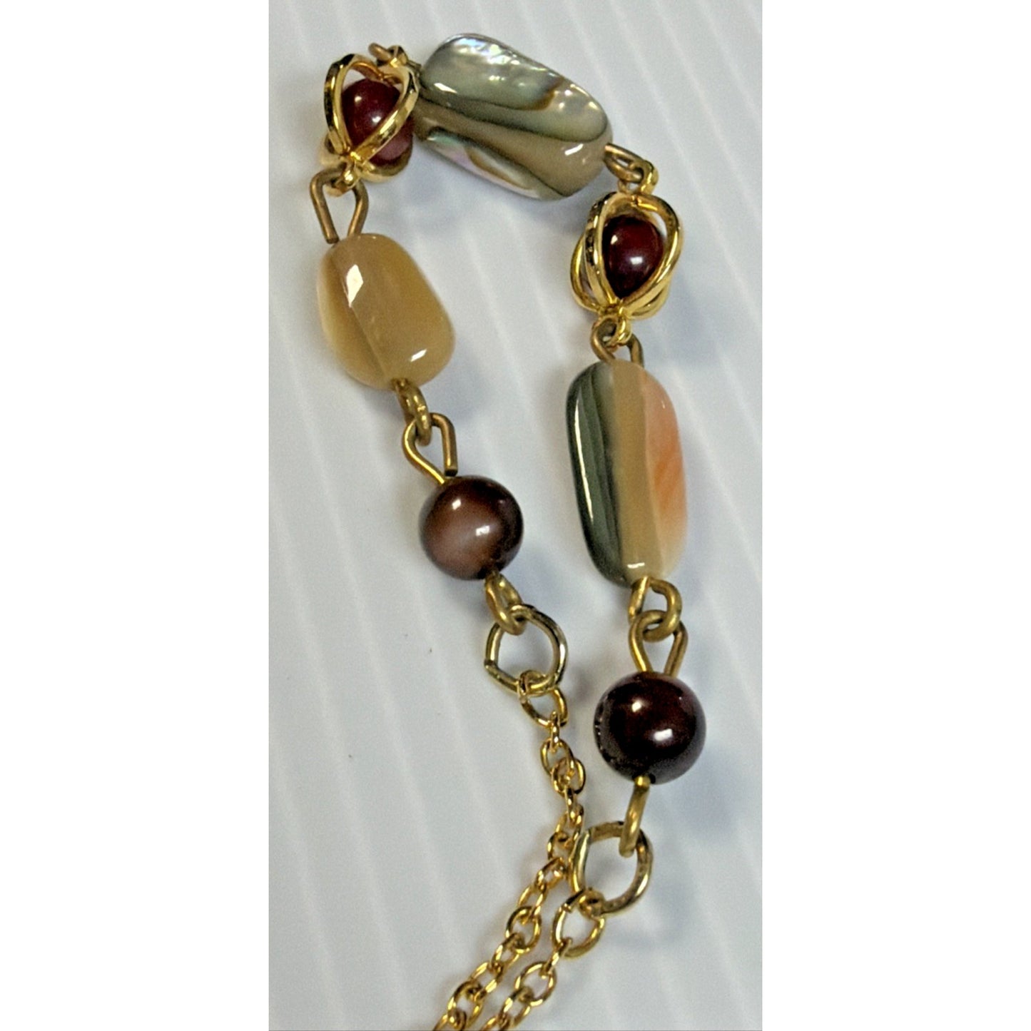 Vintage Multi Stone Necklace Gold Tone Agate Mother of Pearl Shell