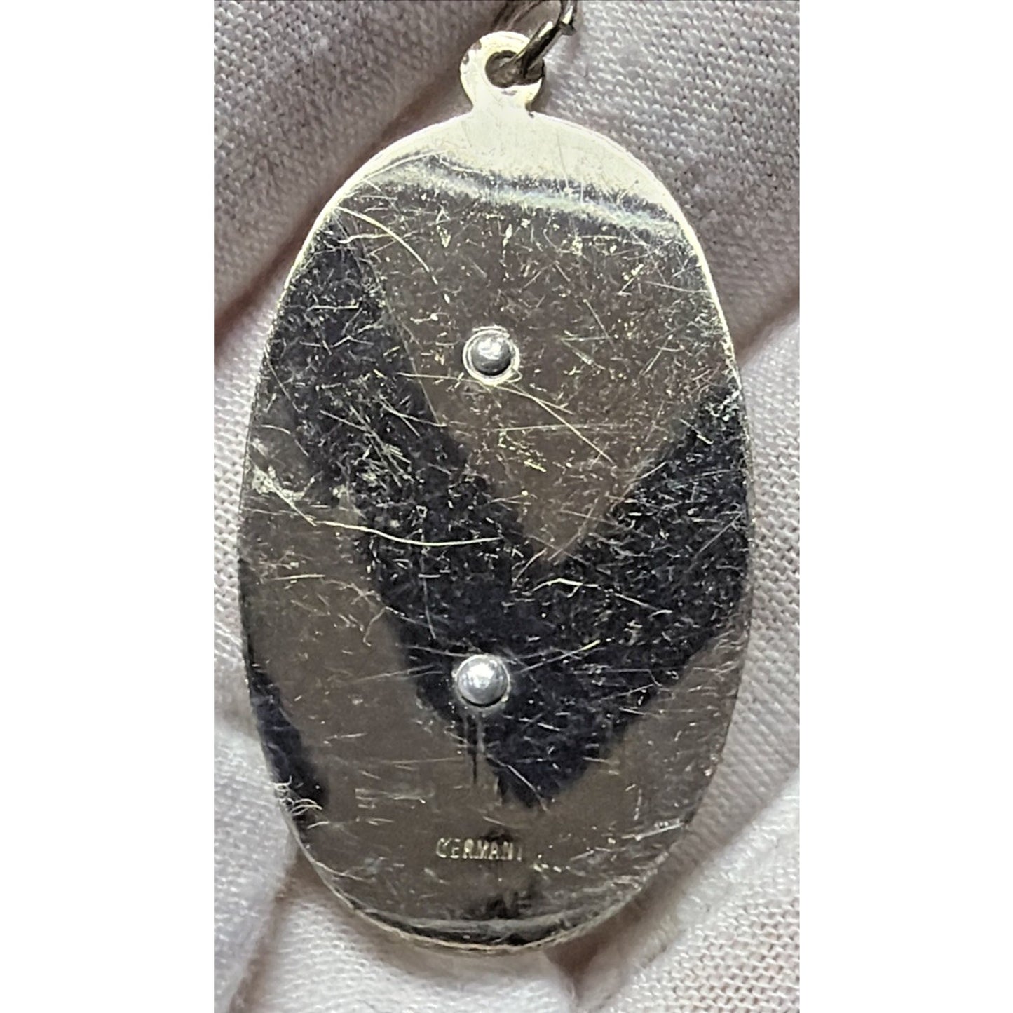 Immaculata Virgin Mary Saint Pendant Silver Metal Faux Mother Pearl Celluloid