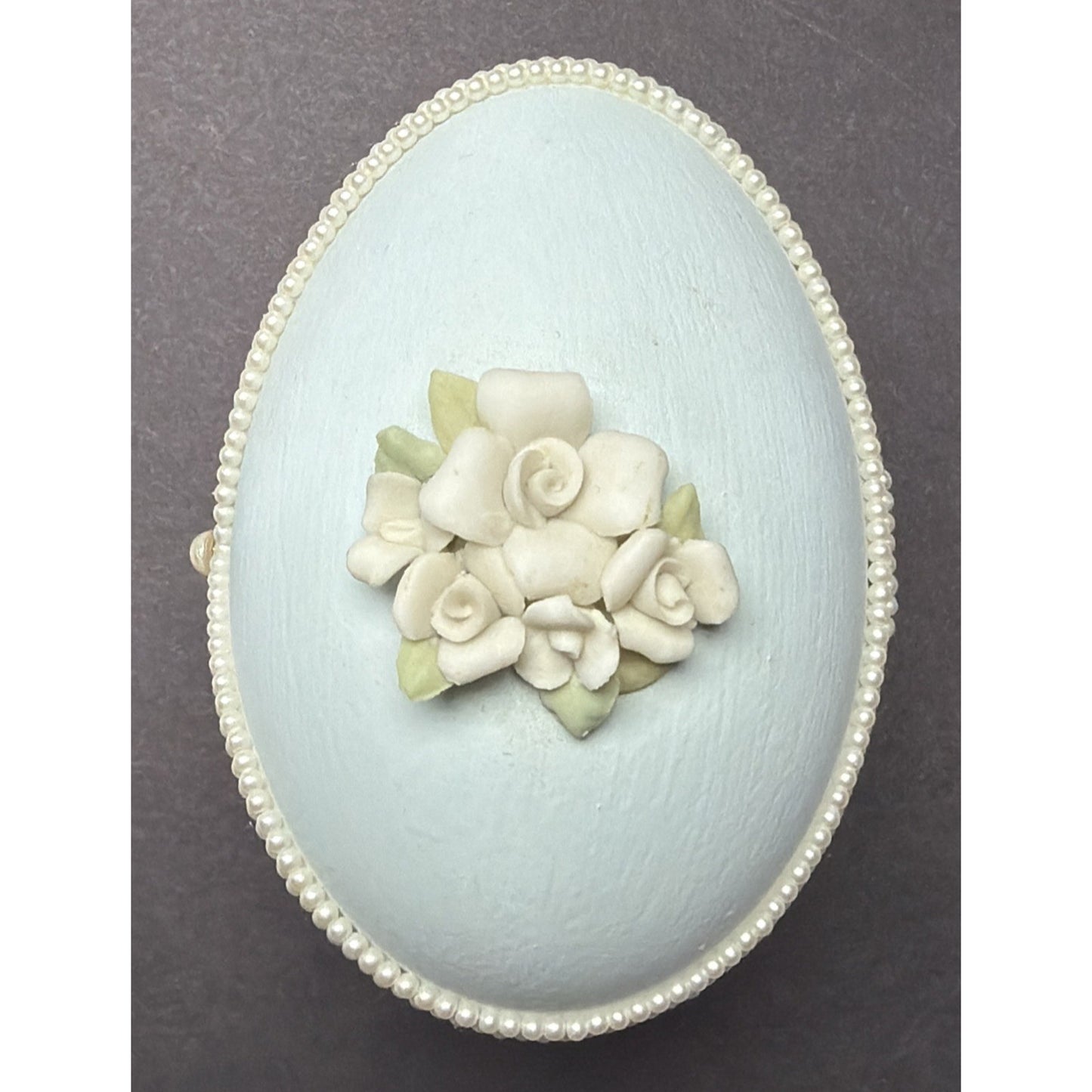 Egg Fantasy Hand Decorated Goose Egg Blue Trinket Jewelry Box Porcelain Flowers
