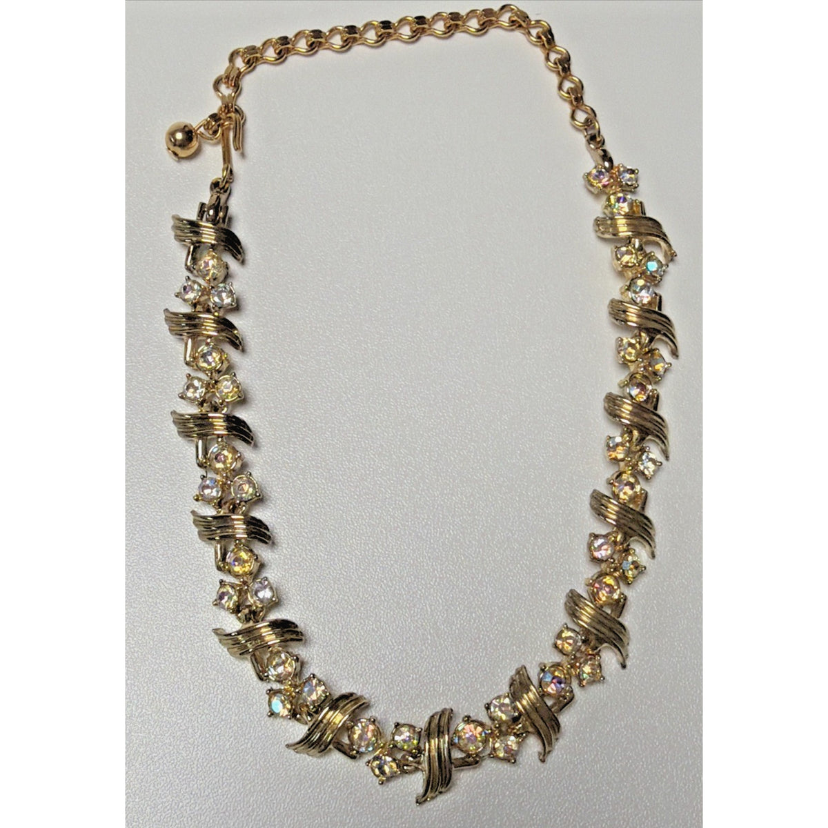 Vintage Aurora Borealis Crystal Choker Link Gold Tone Necklace Adjustable As Is