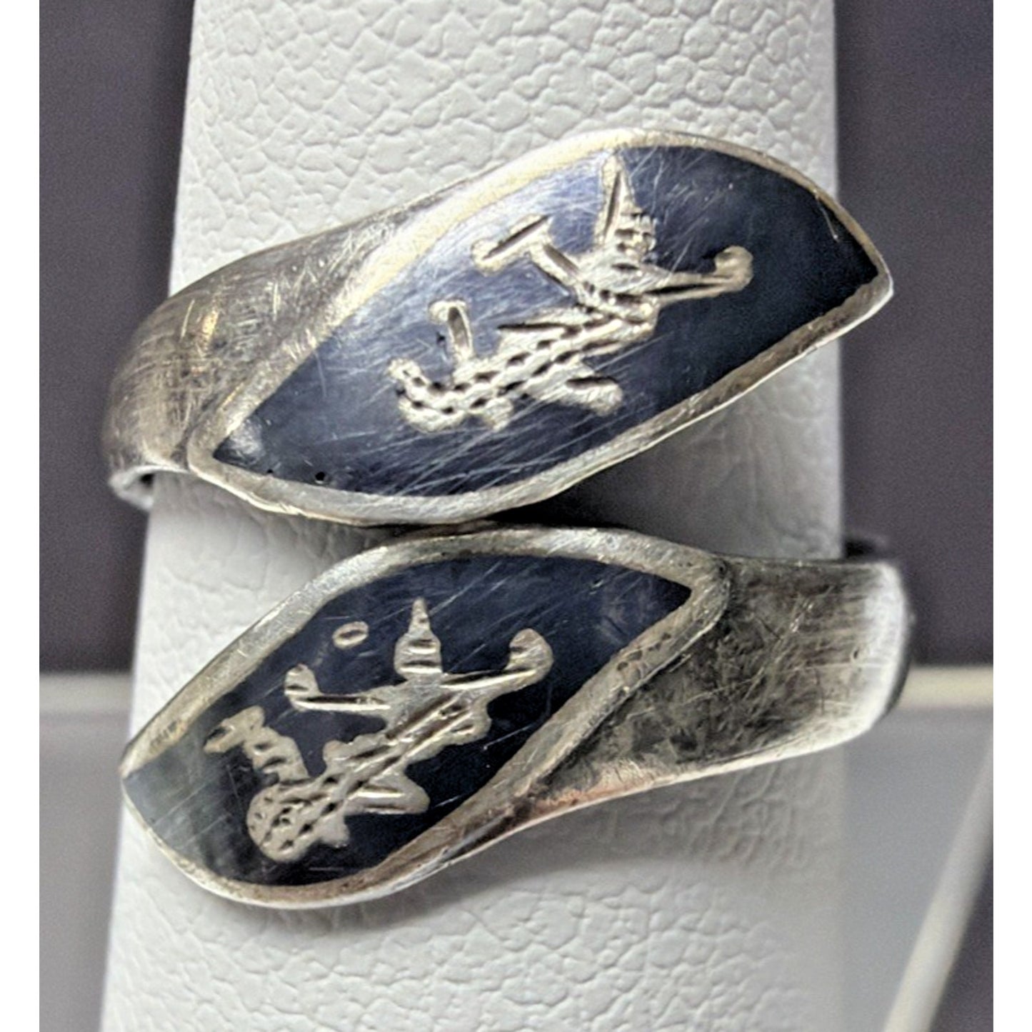 Vintage Sterling Silver Siam Niello Hindu Goddess Adjustable Bypass Ring Size 4