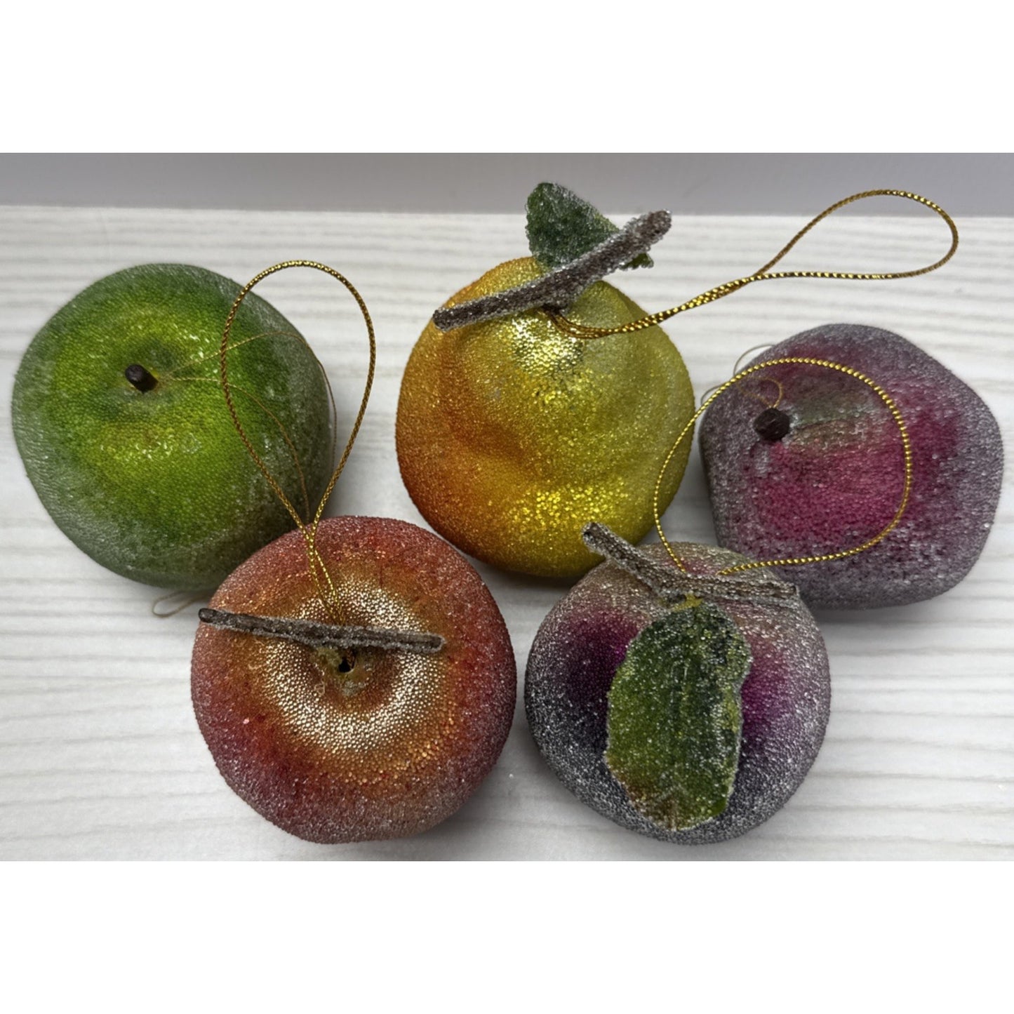 Vintage Lot of 5 Beaded Sugar Frosted Faux Fruit Christmas Ornaments