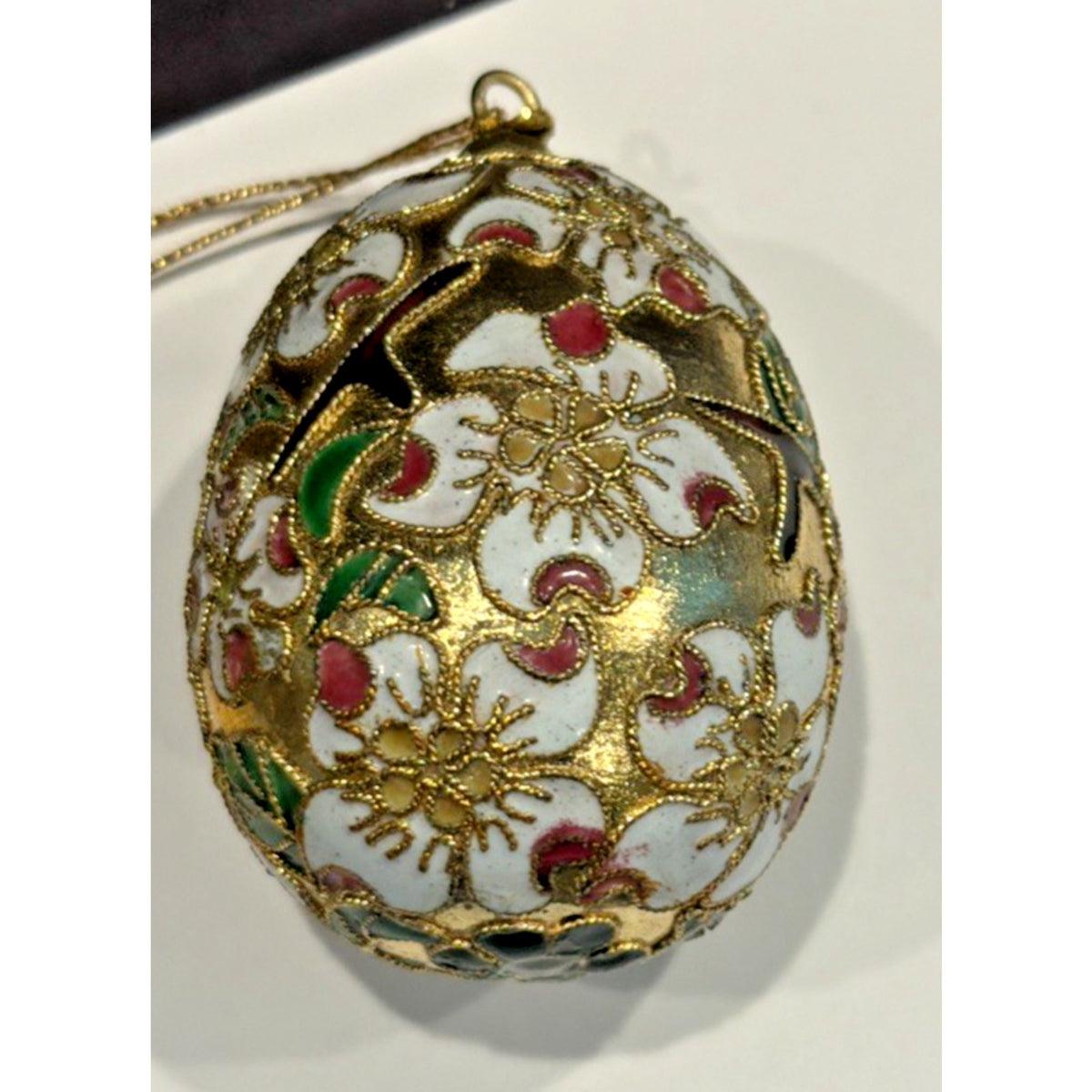 Vintage Enamel Cloisonné Egg Ornament Floral White Gold As Is