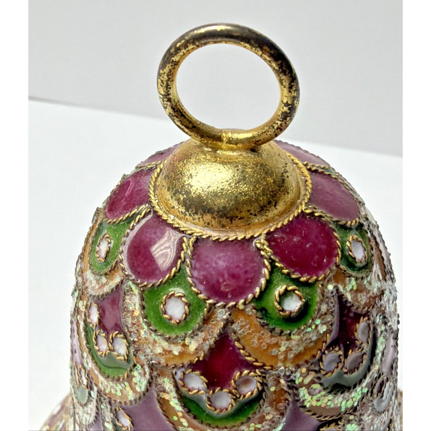 Vtg Enamel Cloisonné Bell Ornament Purple Green Gold Scallop Tree Feather As Is