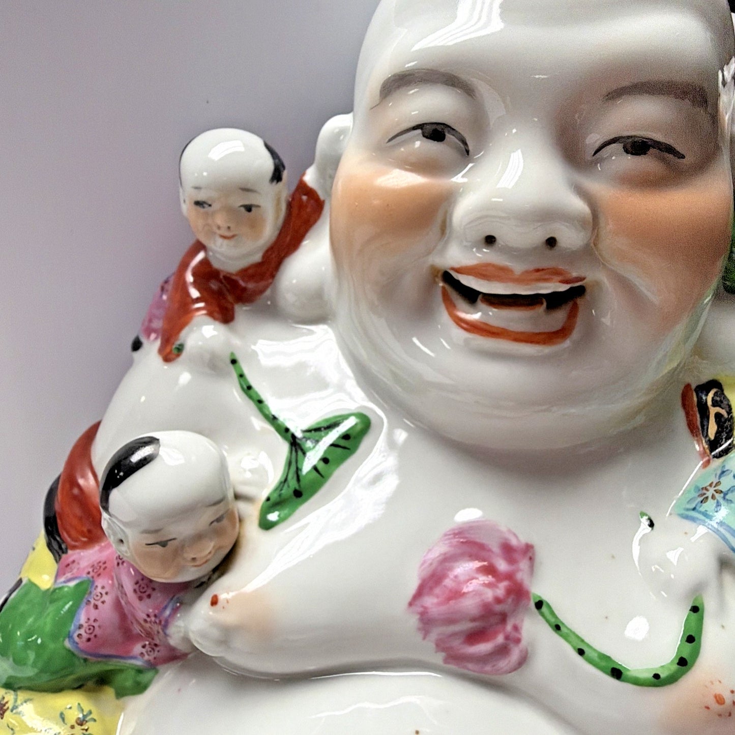 Chinese Famille Rose Jaune Laugh Buddha Fertility Painted 5 Children 12" Stamped