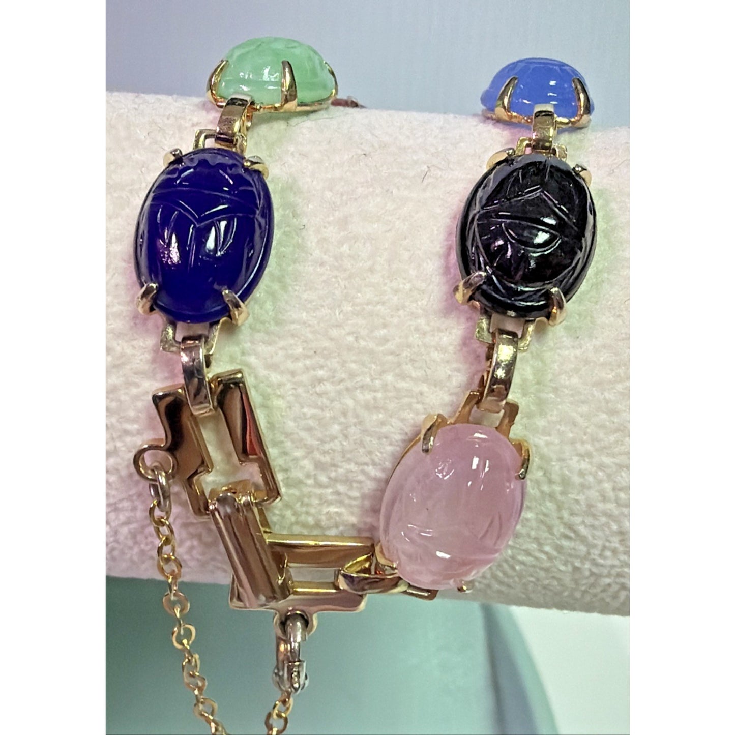 Egyptian Revival Carved Scarab Beatle Bracelet Link Security Chain As Is