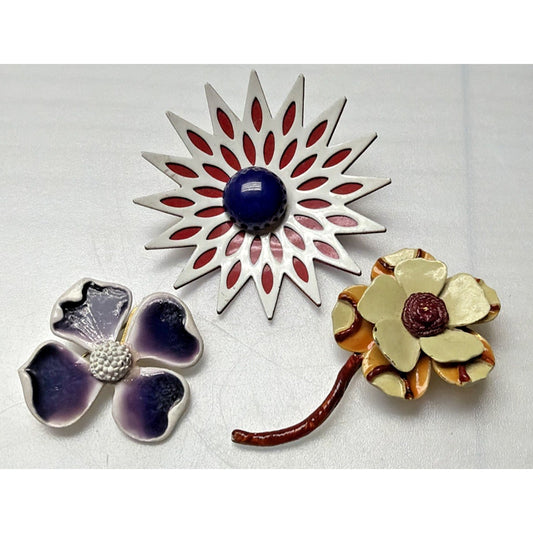 Vintage Lot of 3 Retro Colorful Enamel Metal Daisy Pansy Flower Brooch BSK