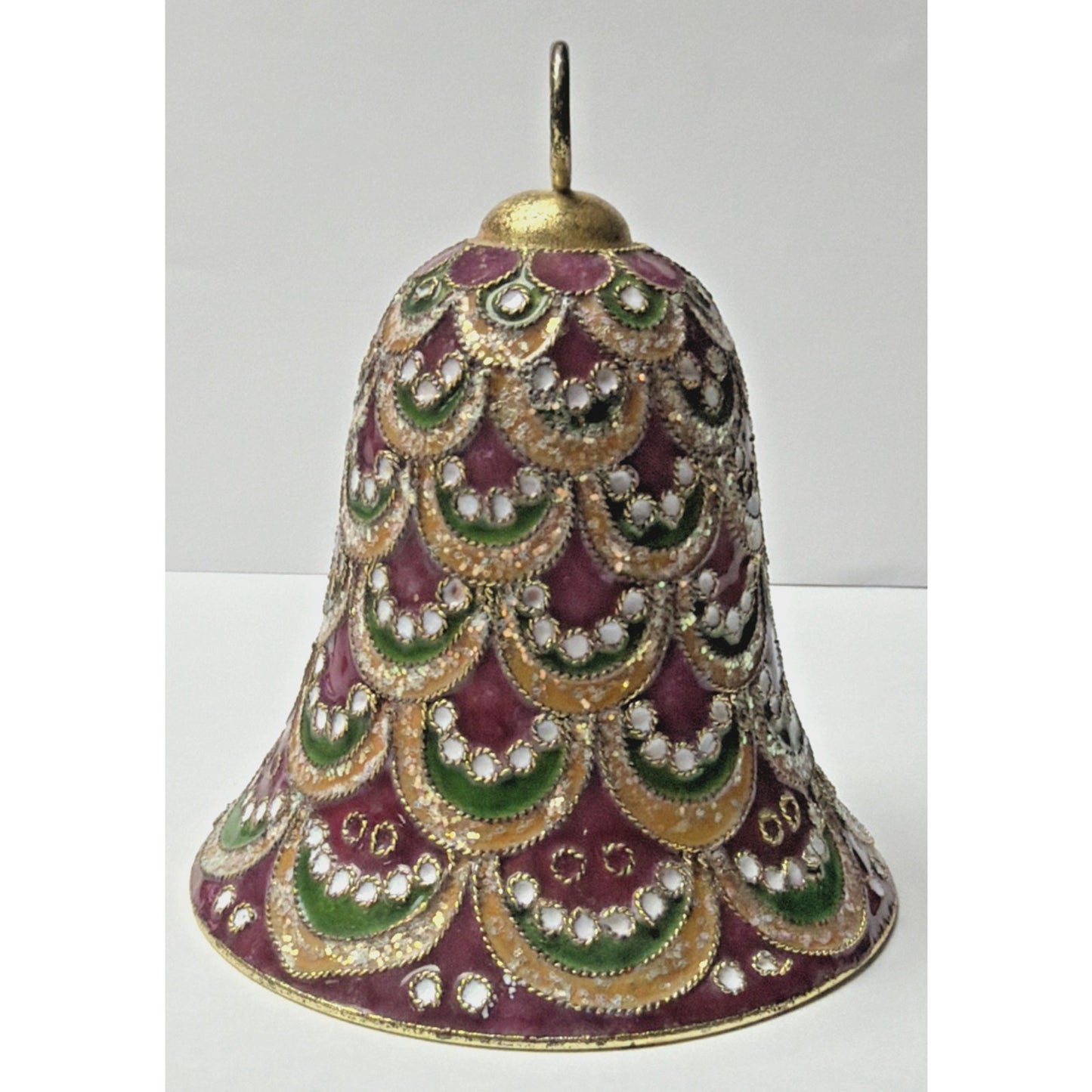 Vtg Enamel Cloisonné Bell Ornament Purple Green Gold Scallop Tree Feather As Is