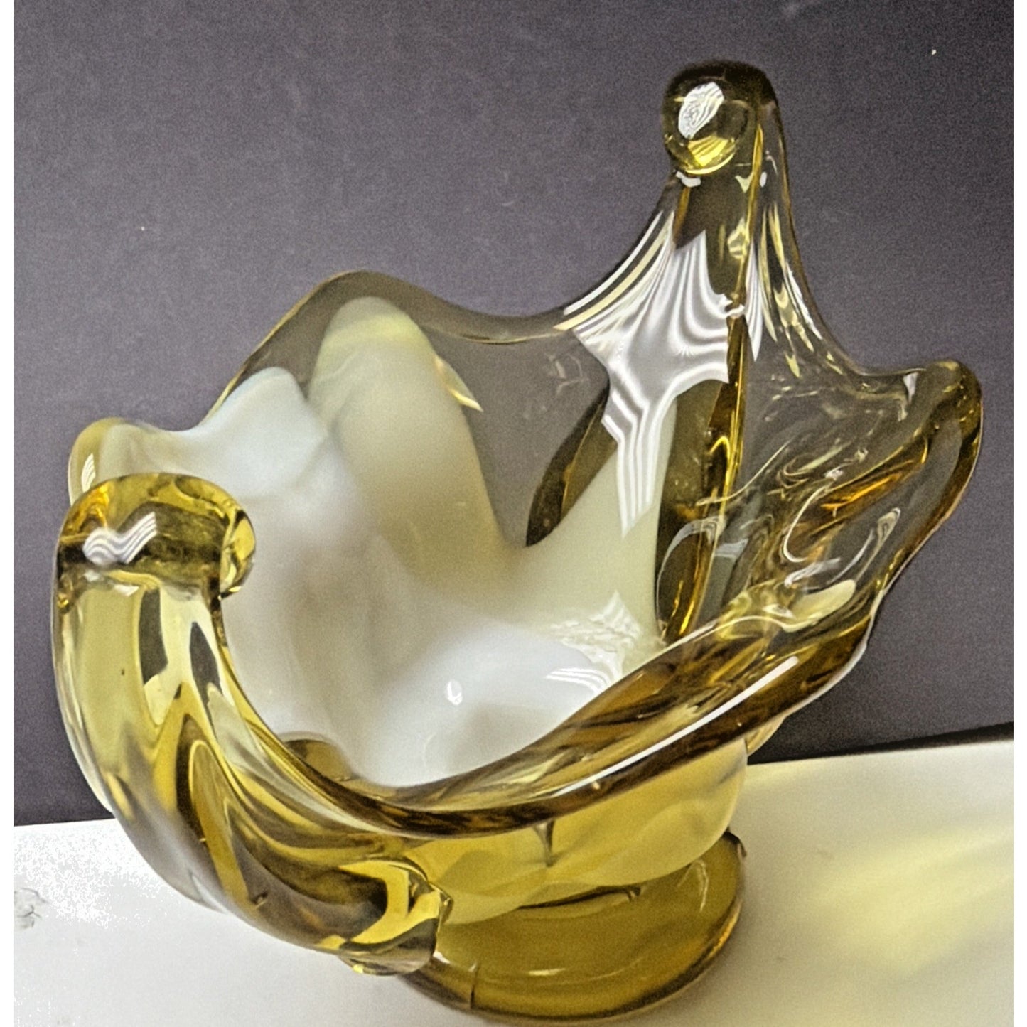 MCM Italian Art Glass Freeform Golden Bowl Amber White Handles Footed Pedestal