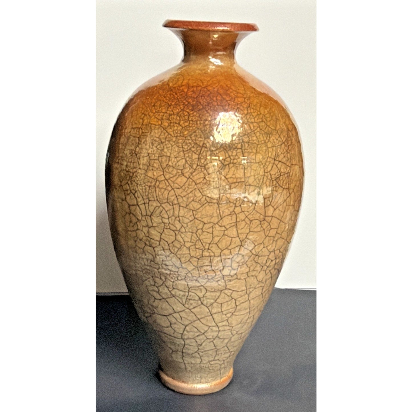 Vtg Casey Hankin Raku Art Pottery Vase Crackle Iridescent Orange Marigold Large