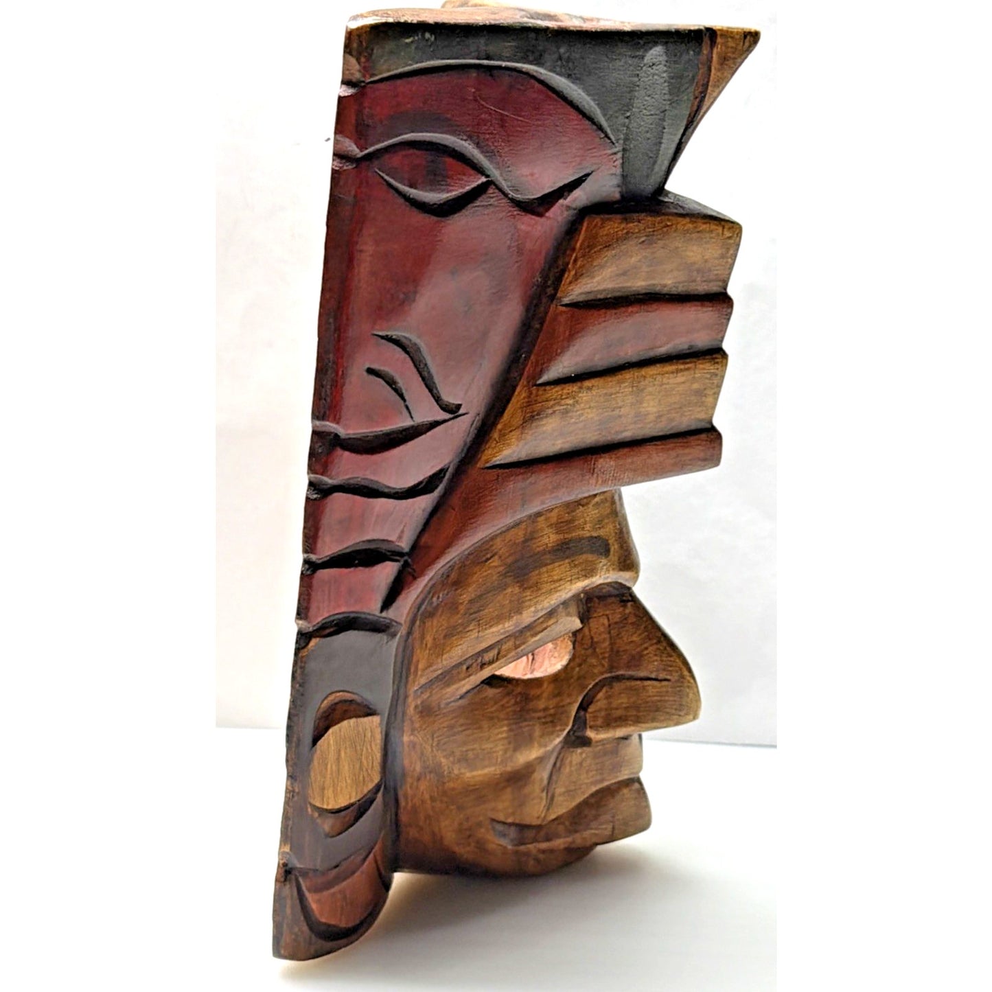 Vintage Mayan Aztec Carved Hand Painted Warrior Chief Mask Totem Tiki Wall Art