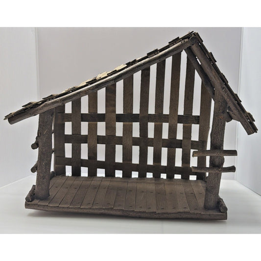 Vintage Christmas Nativity Creche Manger Stable Wooden Thatched