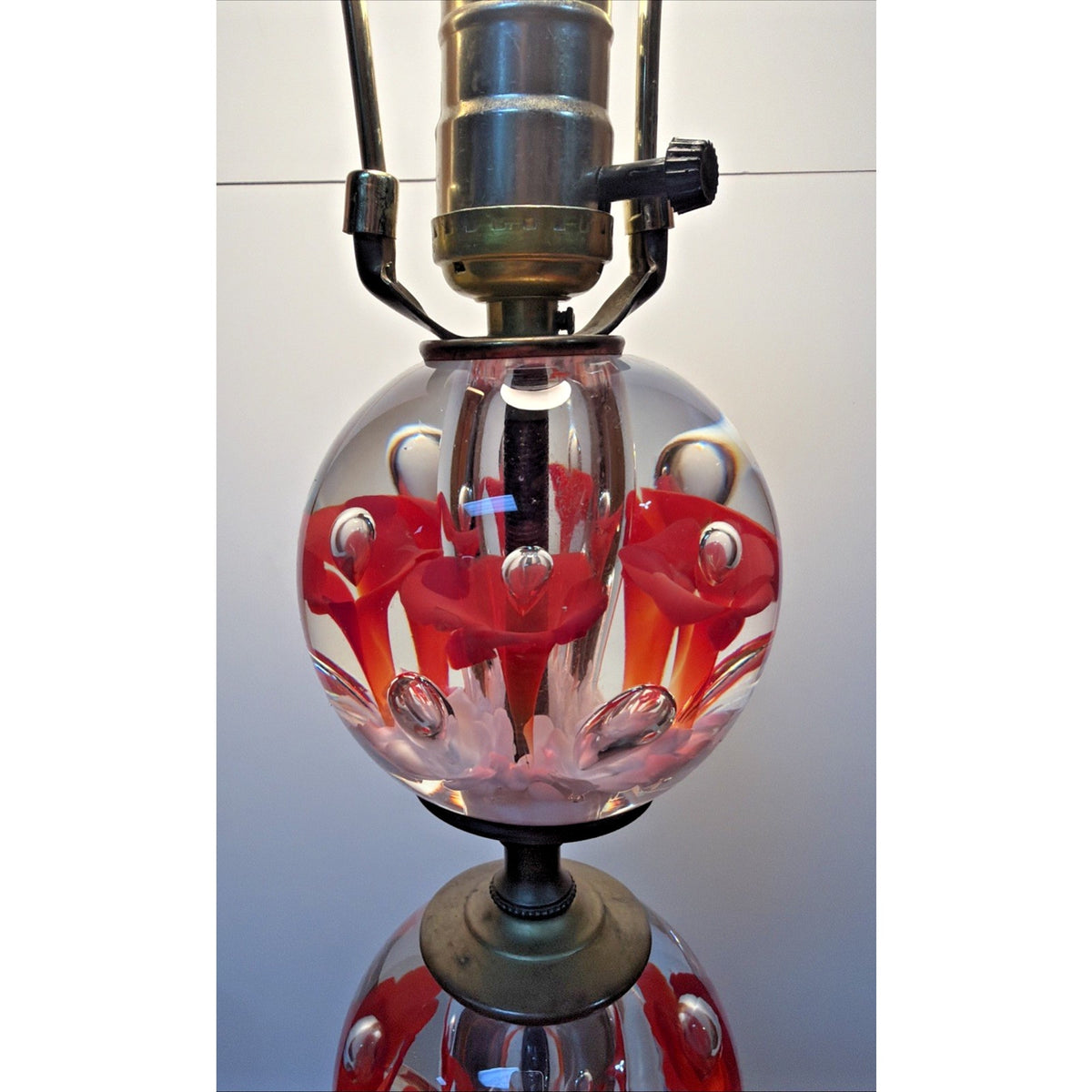 Vtg Clair Joe Rice Art Glass Red Trumpet Flower Lamp Paperweight Ornate L&L WMC