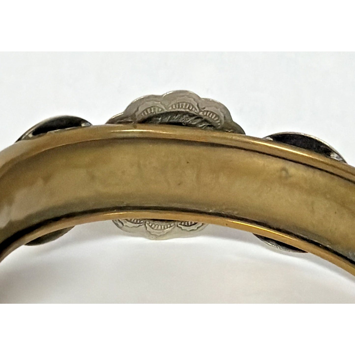 Victorian Brass Hinged Embossed Cuff Bracelet Mixed Metal Concho Western As Is