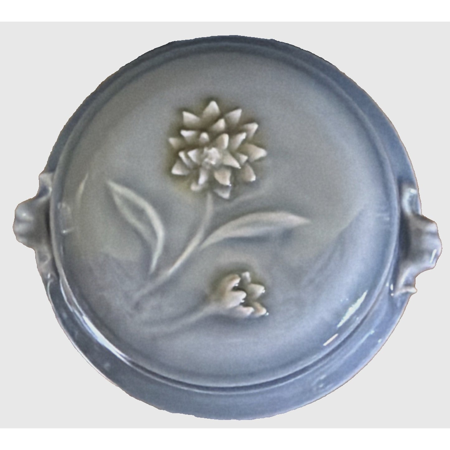 Vtg Celadon Tea Caddy Ginger Jar Embossed Chrysanthemum Blue Gray Handles Signed