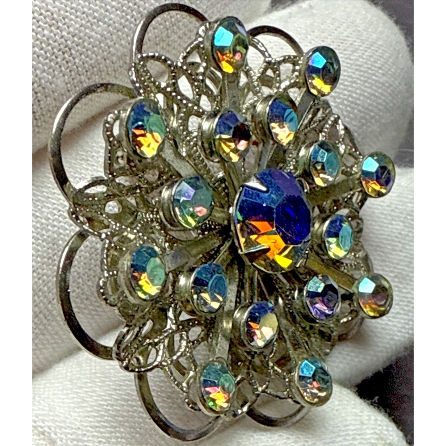 Vintage Aurora Borealis Rhinestone Silver Tone Filigree Layered Flower Brooch