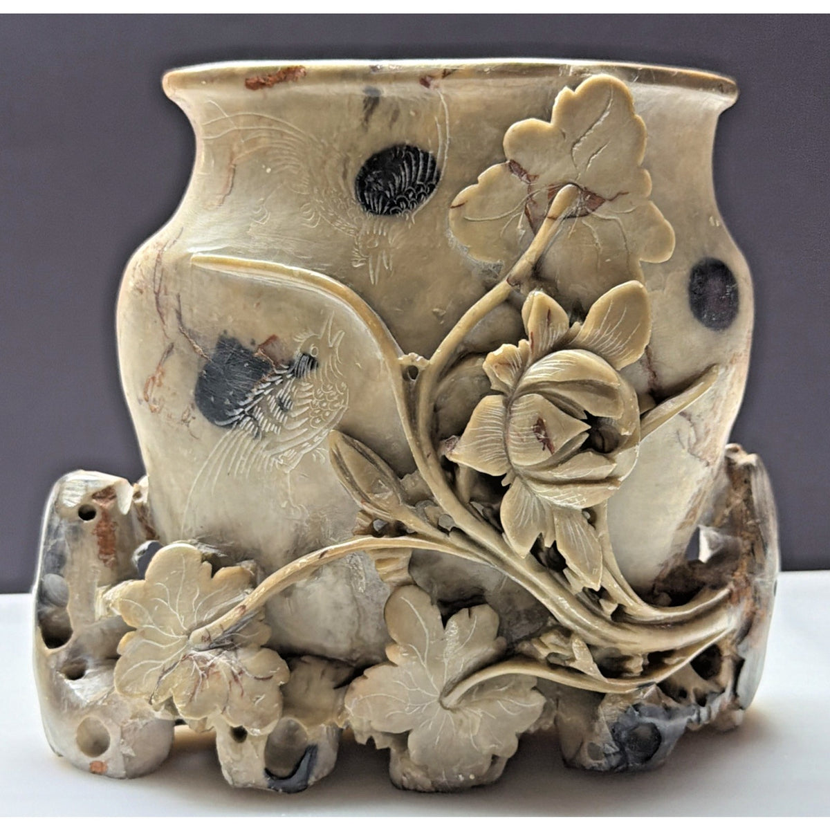 Old Chinese Hand Carved Soapstone Vase Floral Birds Vines Etched Carved As Is