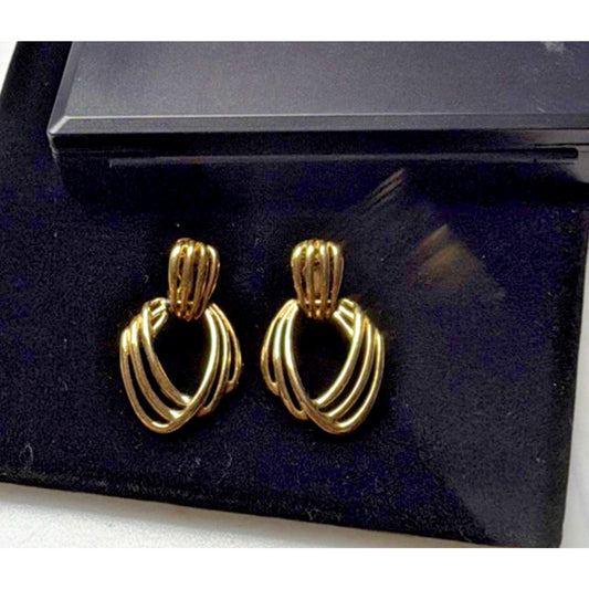 Vintage Monet Earrings Gold Tone Door Knocker Dangle Clip On Triple Hoop