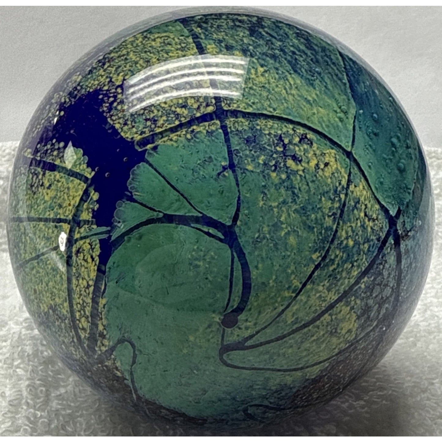Vtg Art Glass Globe Paperweight Blue Green Confetti Hemisphere Mottled Bubbles