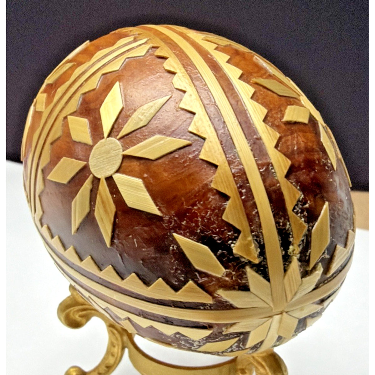 Pysanka Wooden Easter Egg Ukrainian Pysanky Carved Straw Starburst Trypillian