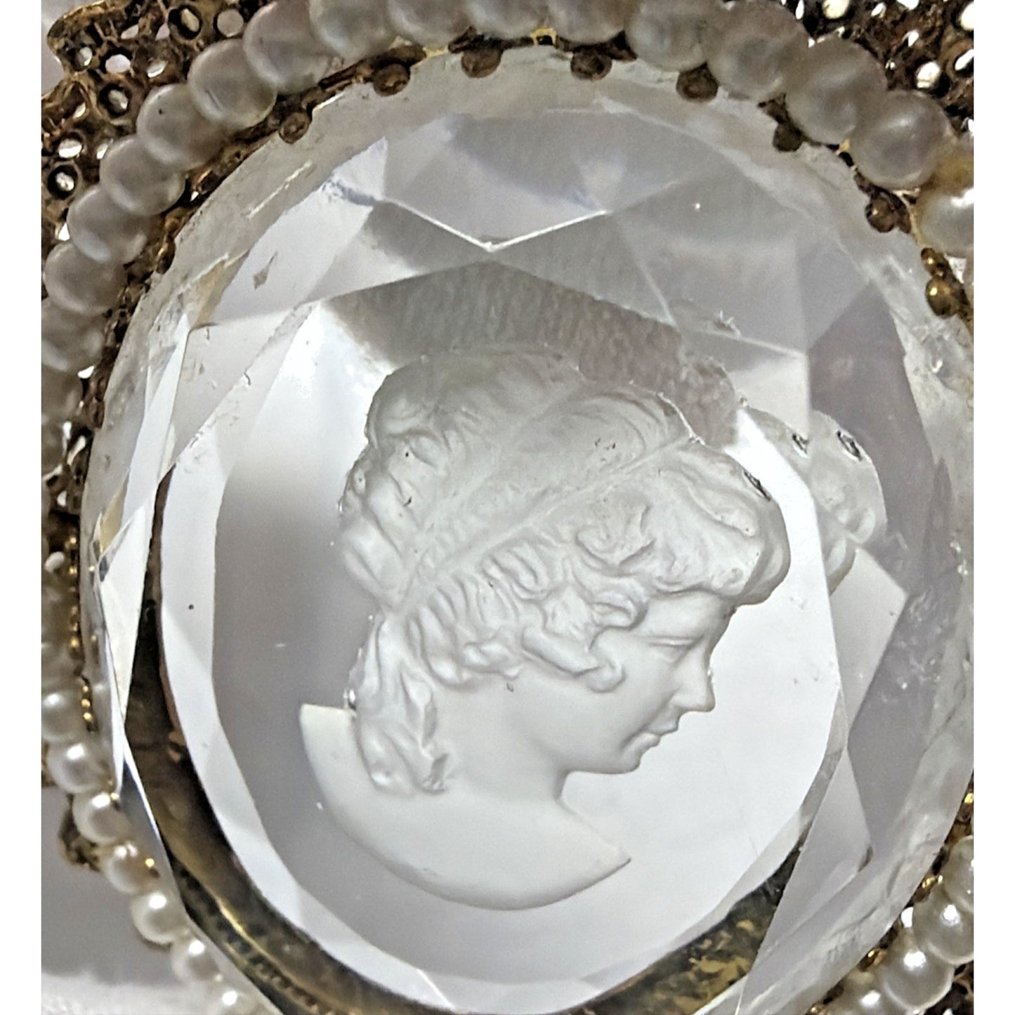 West Germany Intaglio Victorian Cameo Faceted Brooch Filigree Mini Faux Pearls