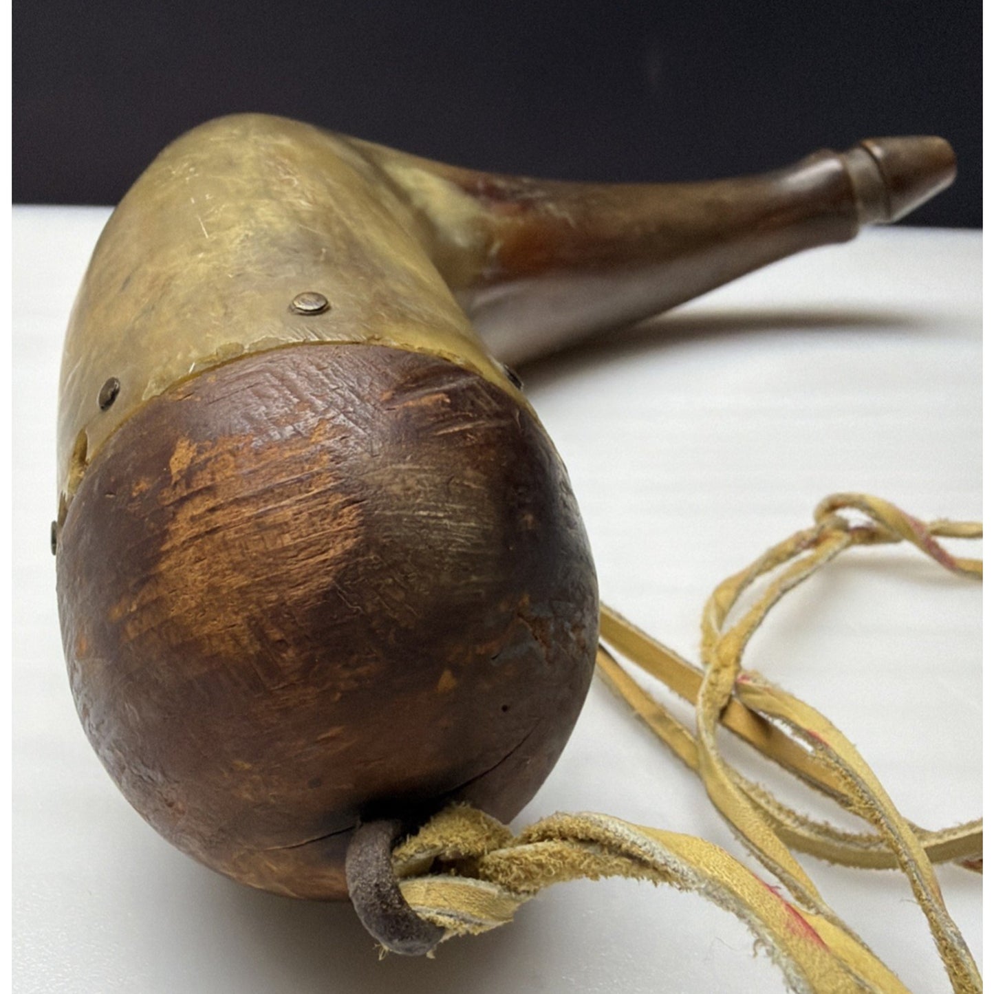 Old Primitive Powder Horn Powder Flask Wood Dome No Plug As Is