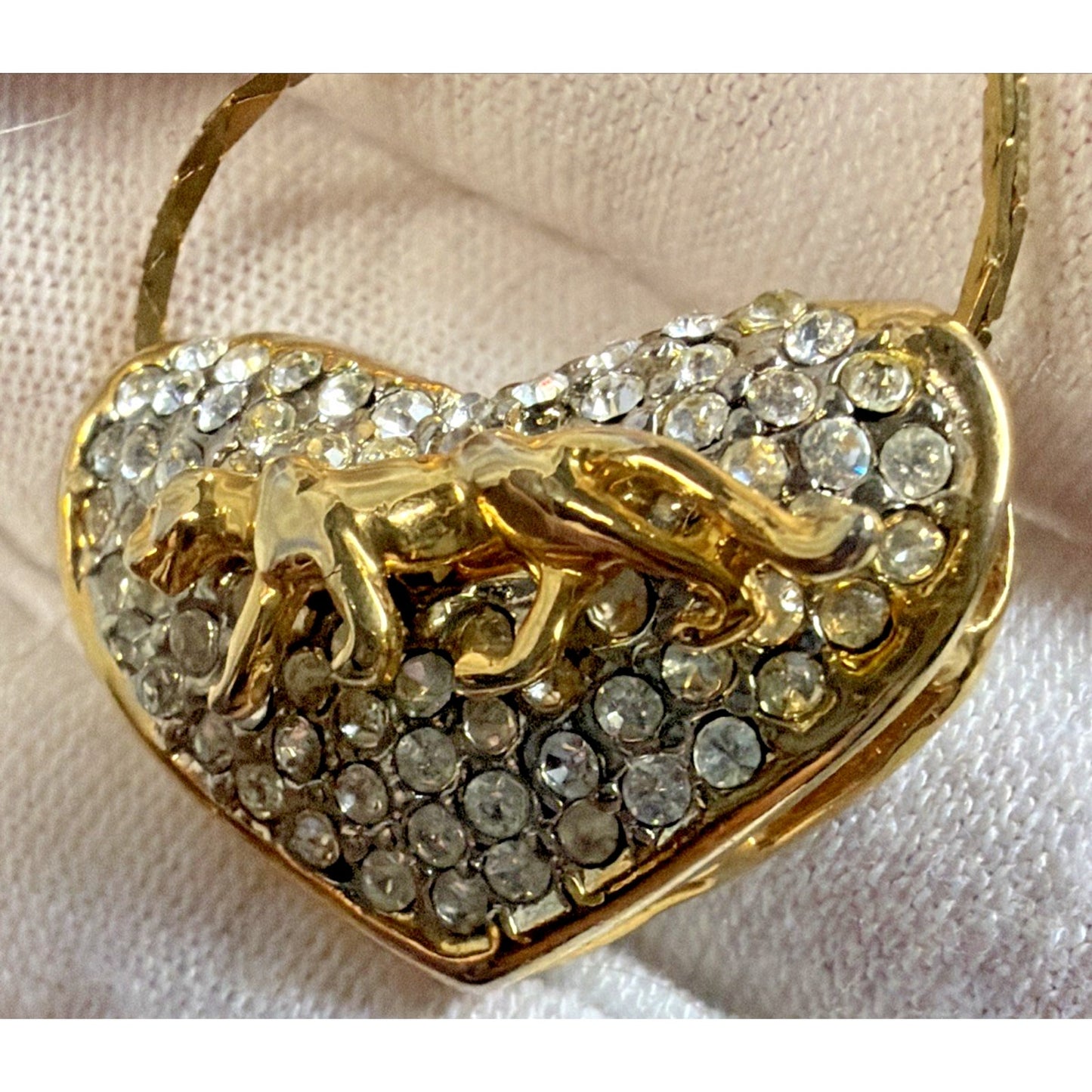 Vintage Gold Tone Rhinestone Pave Heart Slide Pendant Necklace Panther Cat As Is