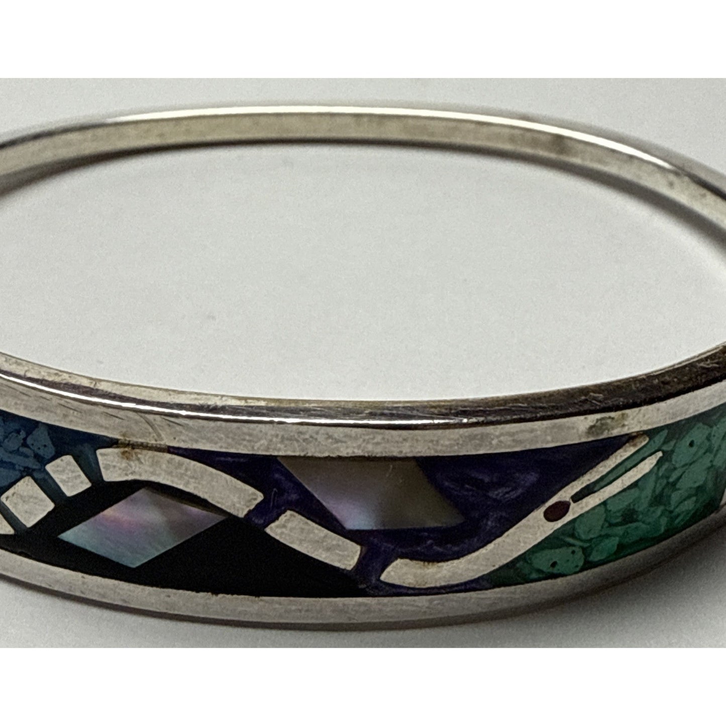 Vtg Taxco Mexico Inlaid Bracelet Snake Abalone Hinged Mother of Pearl Onyx Lapis