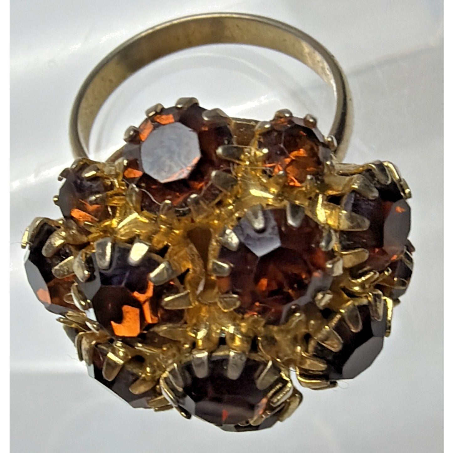 Vtg Gold Tone Adjustable Ring Amber Brown Rhinestone Cluster Prong Dome As Is