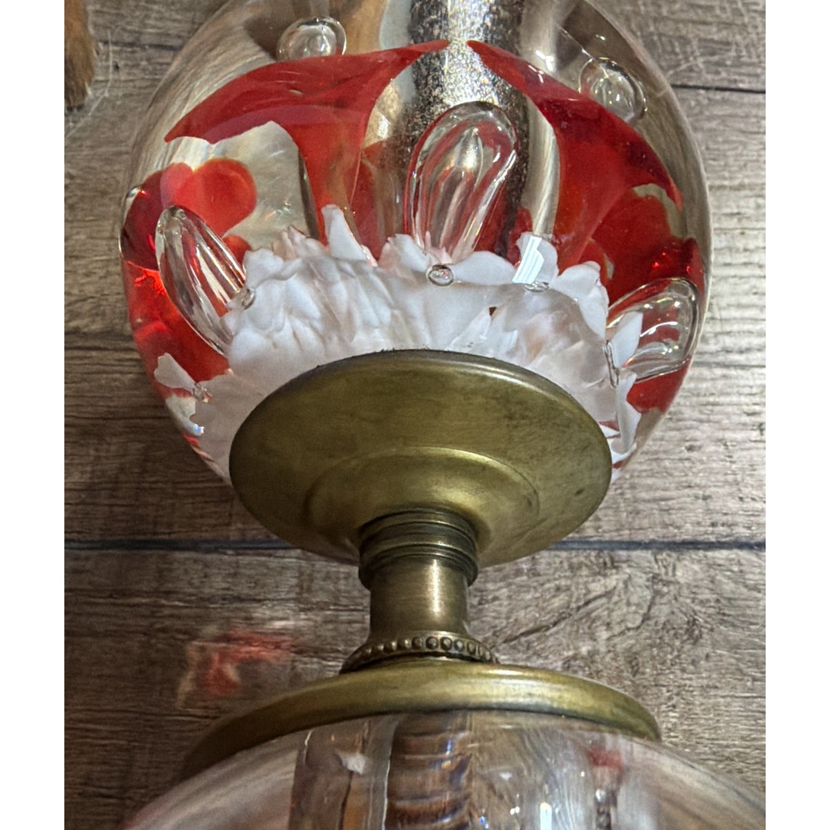 Vtg Clair Joe Rice Art Glass Red Trumpet Flower Lamp Paperweight Ornate L&L WMC