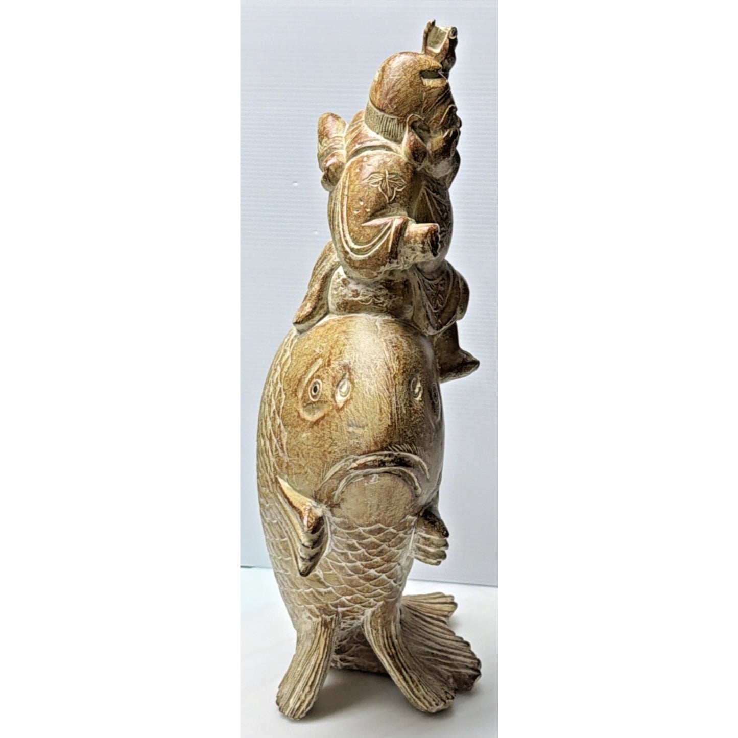 Vtg Designer Repros LA Carved Koi Fish Buddha Fishing Happy Asian Inspired As Is