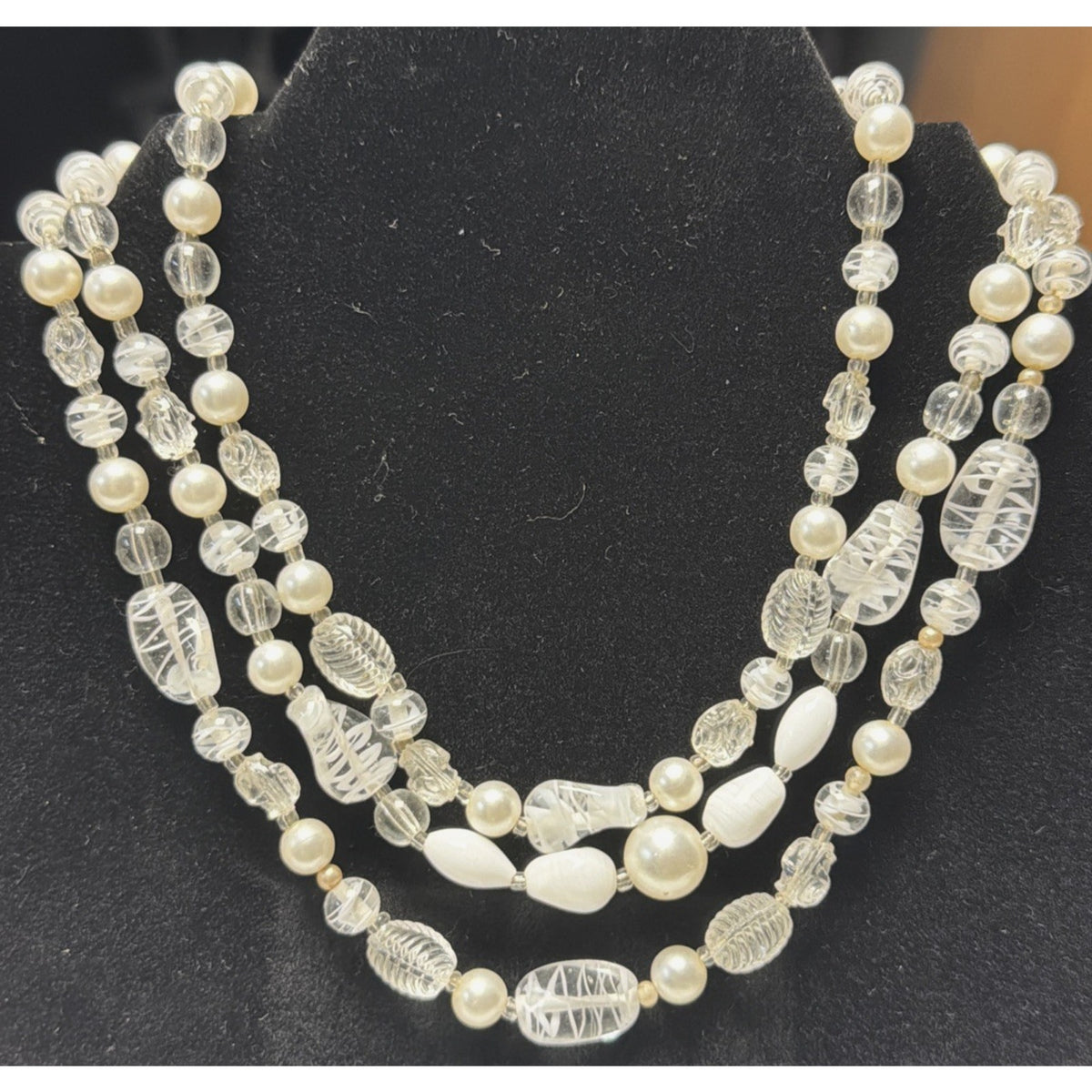 Vintage Japan Multi Strand Beaded Necklace Art Glass Faux Pearl Lucite Molded