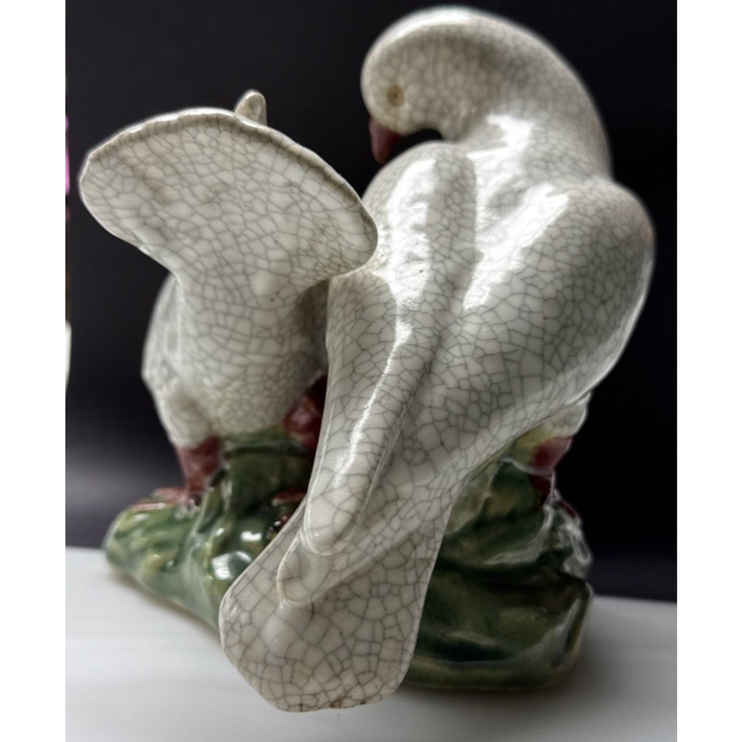 Vintage Chinese Crackle Glazed Majolica Pottery Doves Love Birds Sculpture