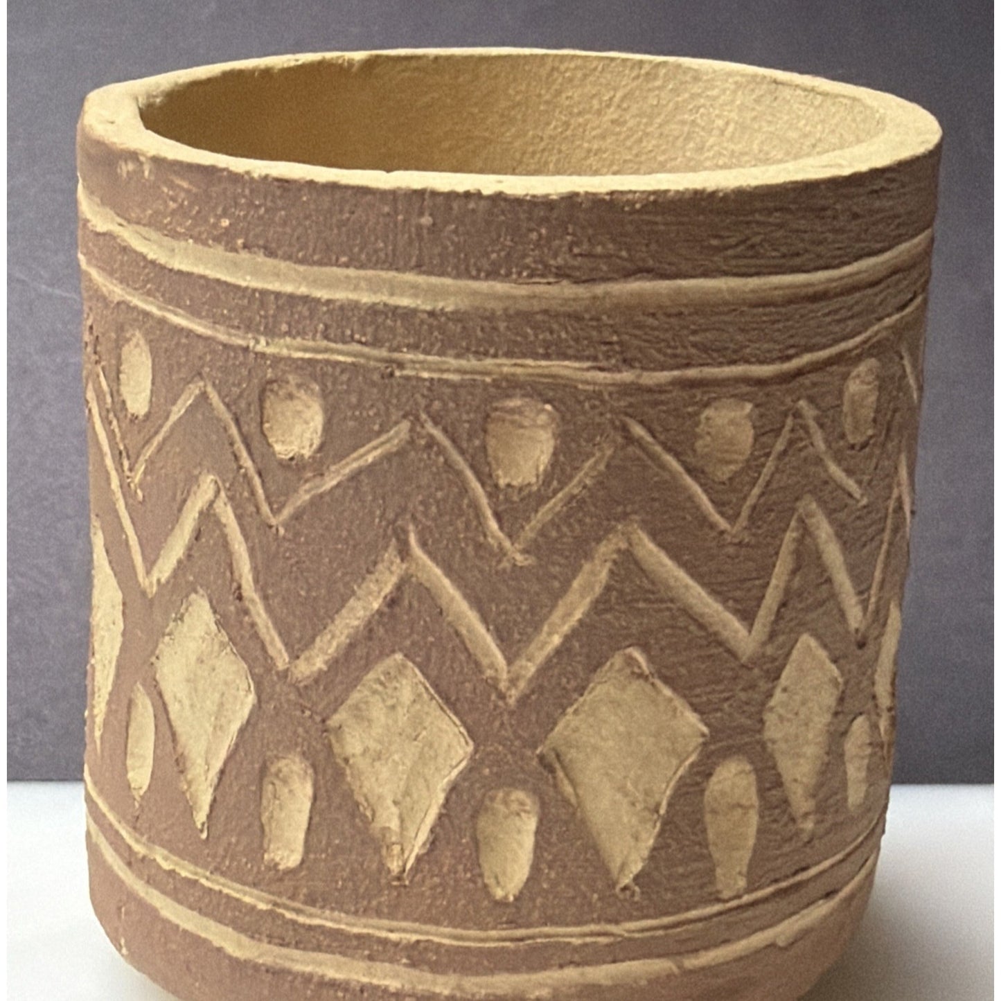 Vintage Boynton Art Pottery Abstract Vase Cup Planter Signed Brown Tan