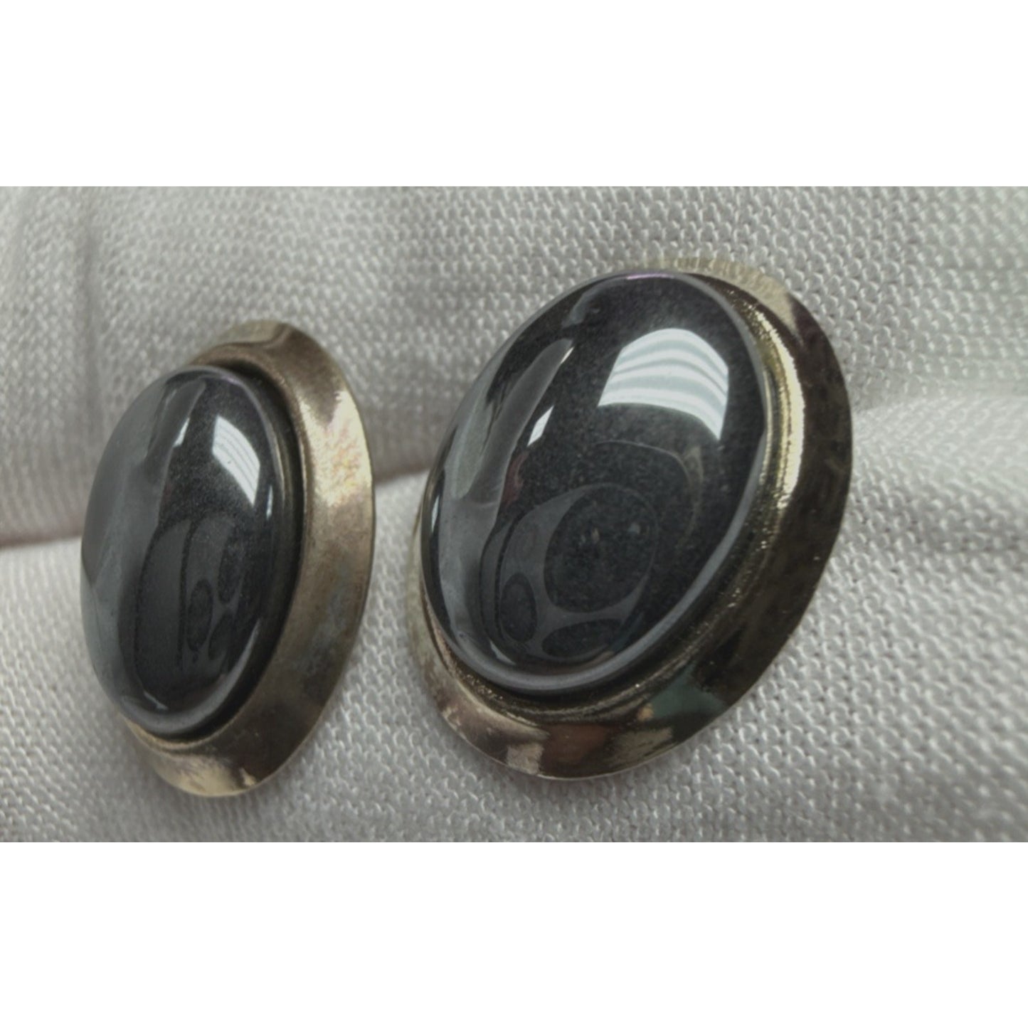 Vintage Gold Tone Metal Hematite Cabochon Earrings Oval Post Stud Large As-Is